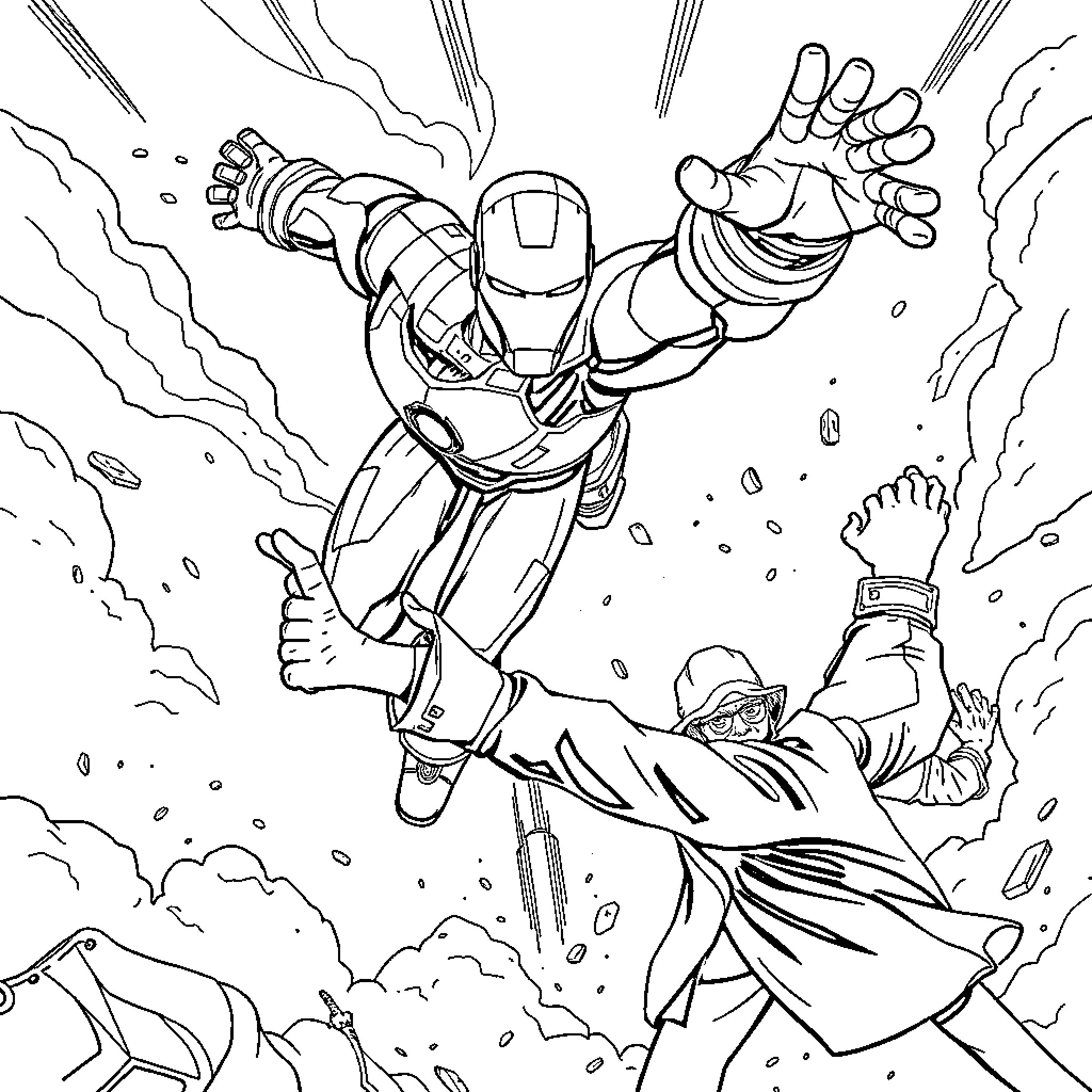 Iron Man in an intense battle scene Coloring Page (free black-and-white line drawing printable PDF for all, from beginners to advanced learners, including children, teens, adults, and seniors)