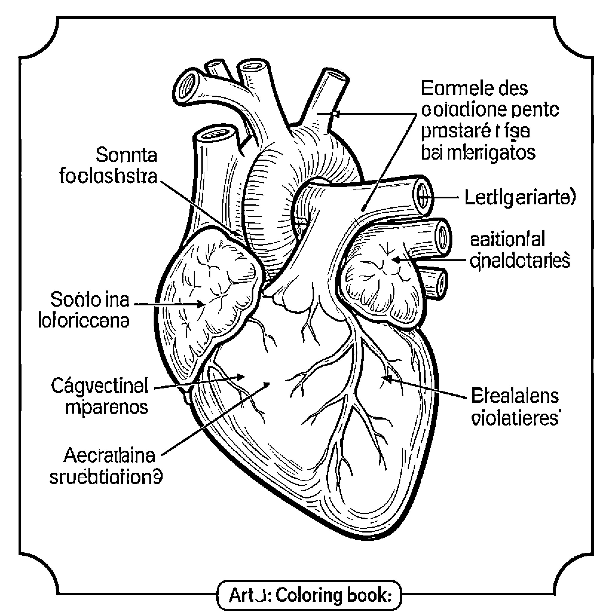 Heart with various anatomical labels and scientific diagrams Coloring Page (free black-and-white line drawing printable PDF for all, from beginners to advanced learners, including children, teens, adults, and seniors)