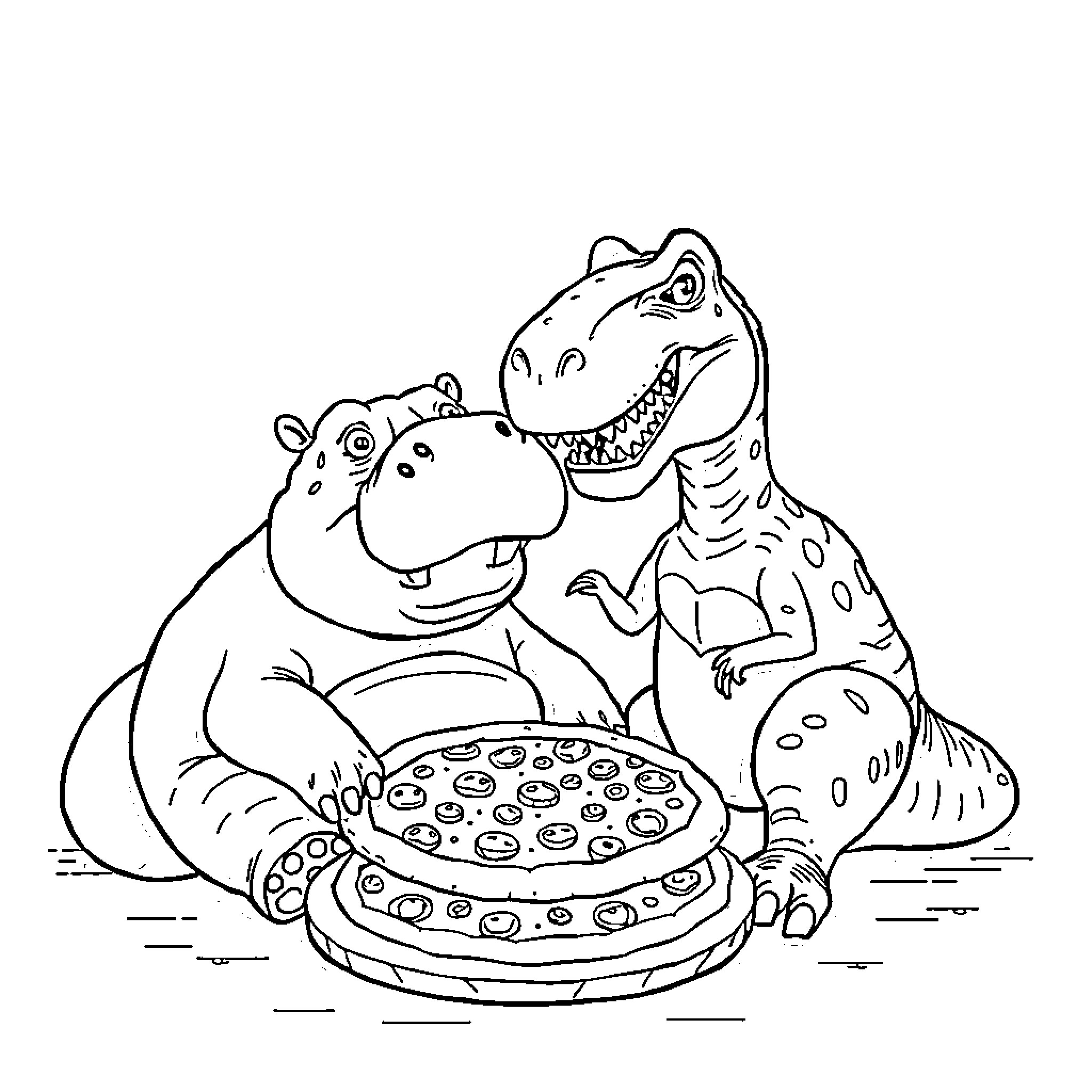 Hippo friends enjoying a pizza party Coloring Page (free black-and-white line drawing printable PDF for all, from beginners to advanced learners, including children, teens, adults, and seniors)