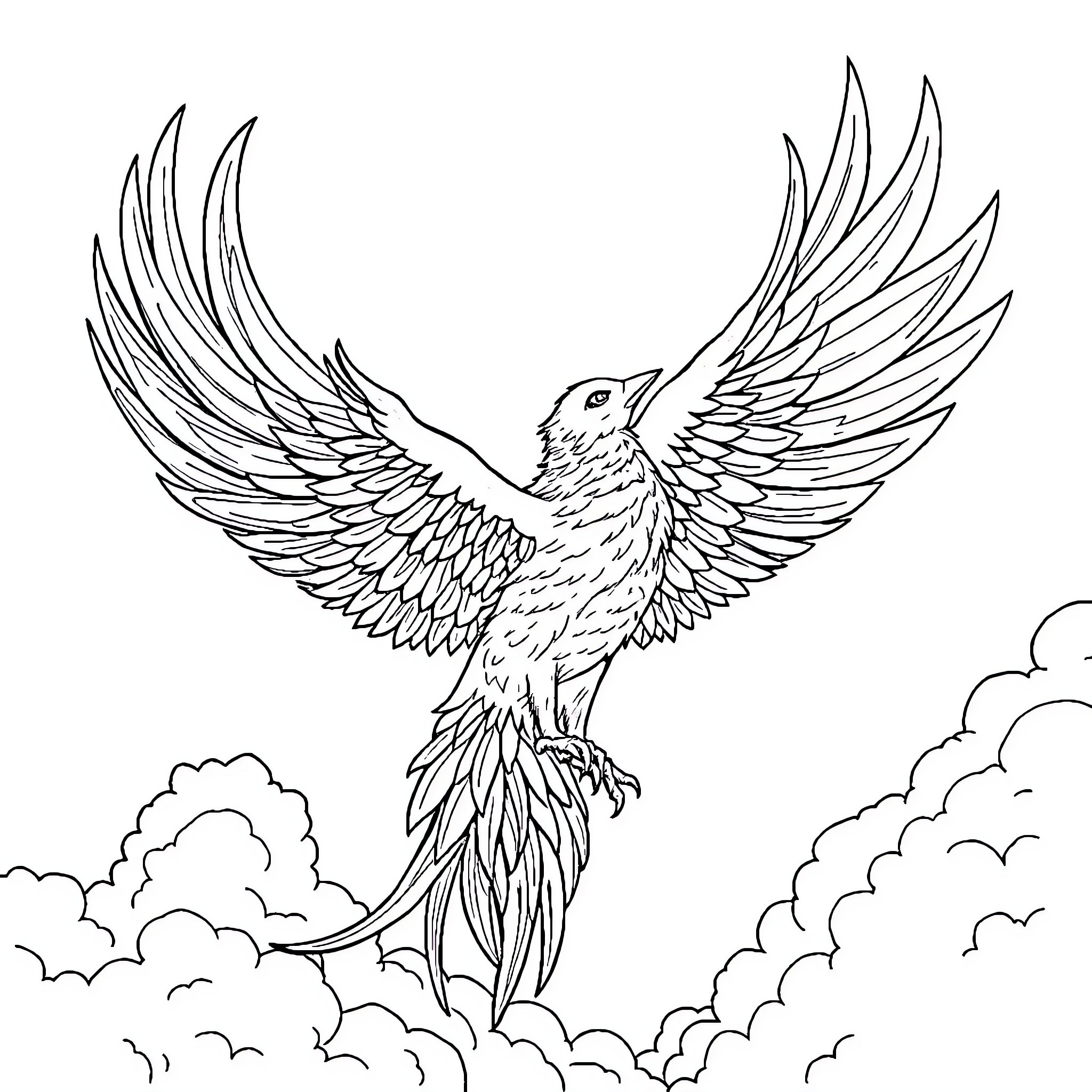 Phoenix soaring through the clouds Coloring Page (free black-and-white line drawing printable PDF for all, from beginners to advanced learners, including children, teens, adults, and seniors)