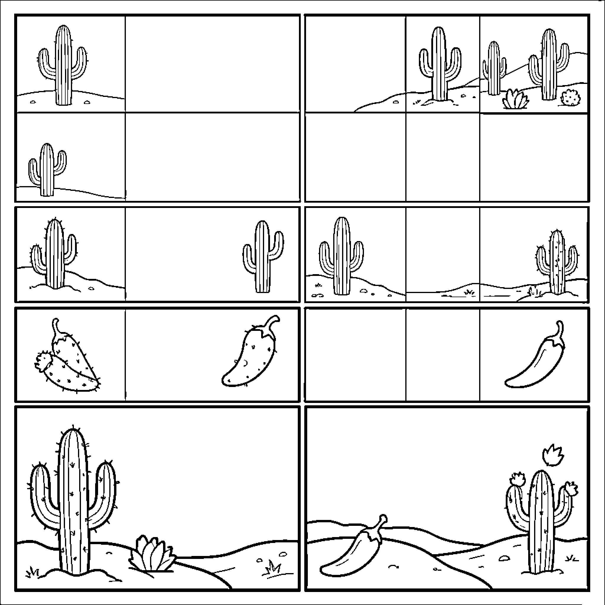 Cactus growing and appearing in different desert scenes Coloring Page (free black-and-white line drawing printable PDF for all, from beginners to advanced learners, including children, teens, adults, and seniors)