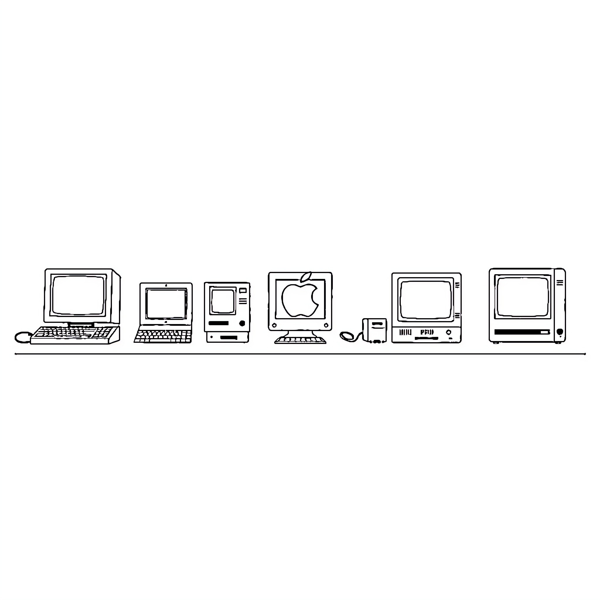 Apple Computer Evolution Over Decades Coloring Page (free black-and-white line drawing printable PDF for all, from beginners to advanced learners, including children, teens, adults, and seniors)