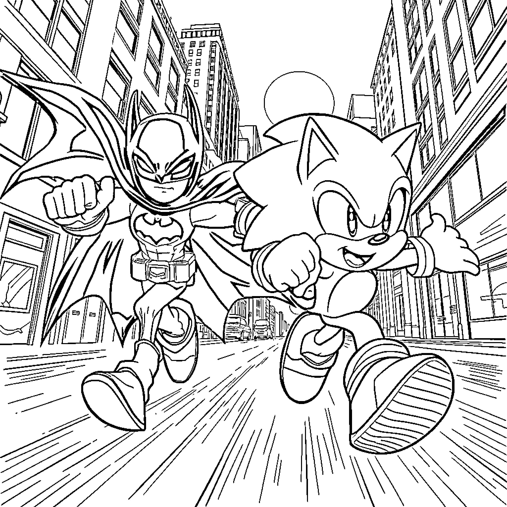 Sonic and Batman Chasing Through City Coloring Page (free black-and-white line drawing printable PDF for all, from beginners to advanced learners, including children, teens, adults, and seniors)
