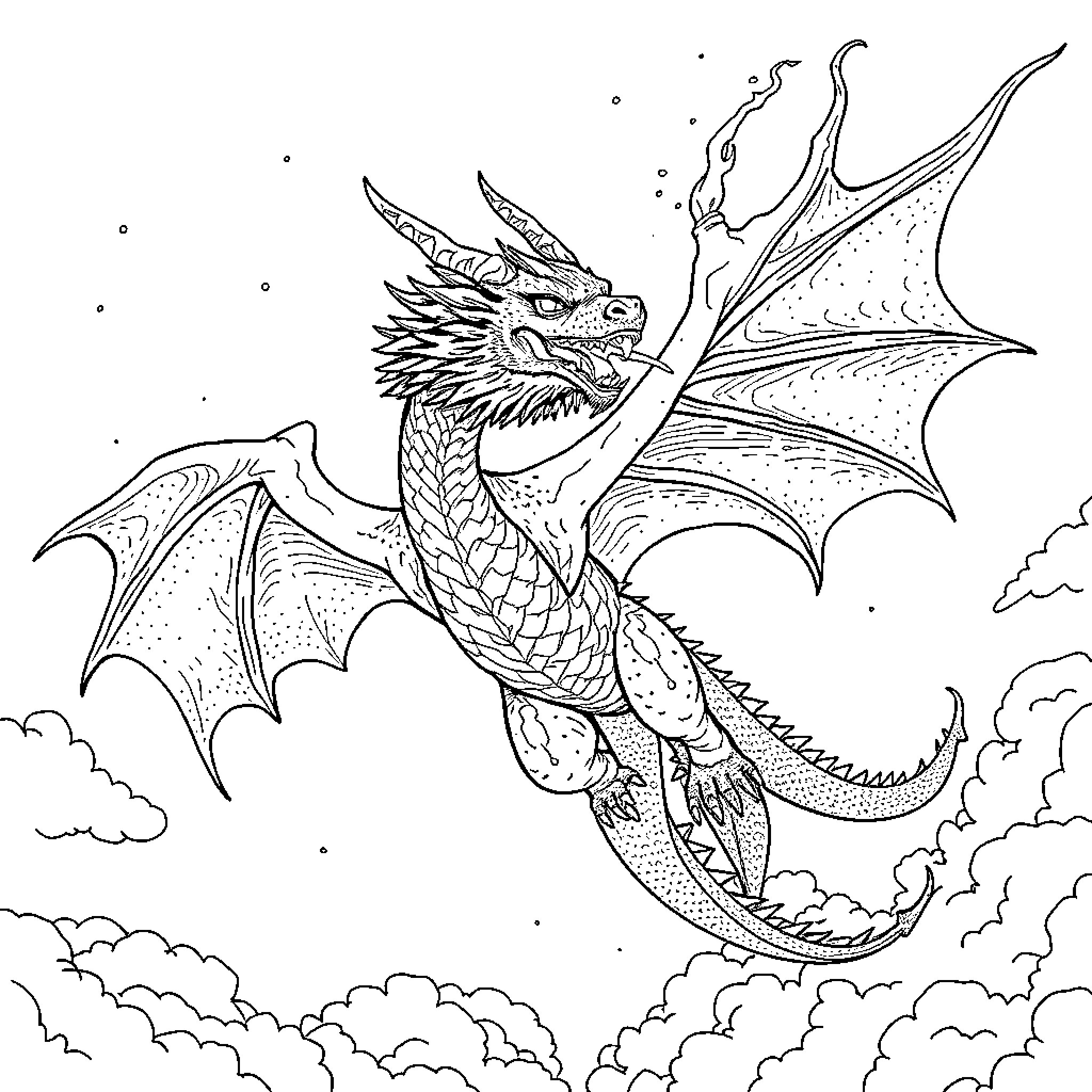 Dragon soaring through the skies Coloring Page (free black-and-white line drawing printable PDF for all, from beginners to advanced learners, including children, teens, adults, and seniors)