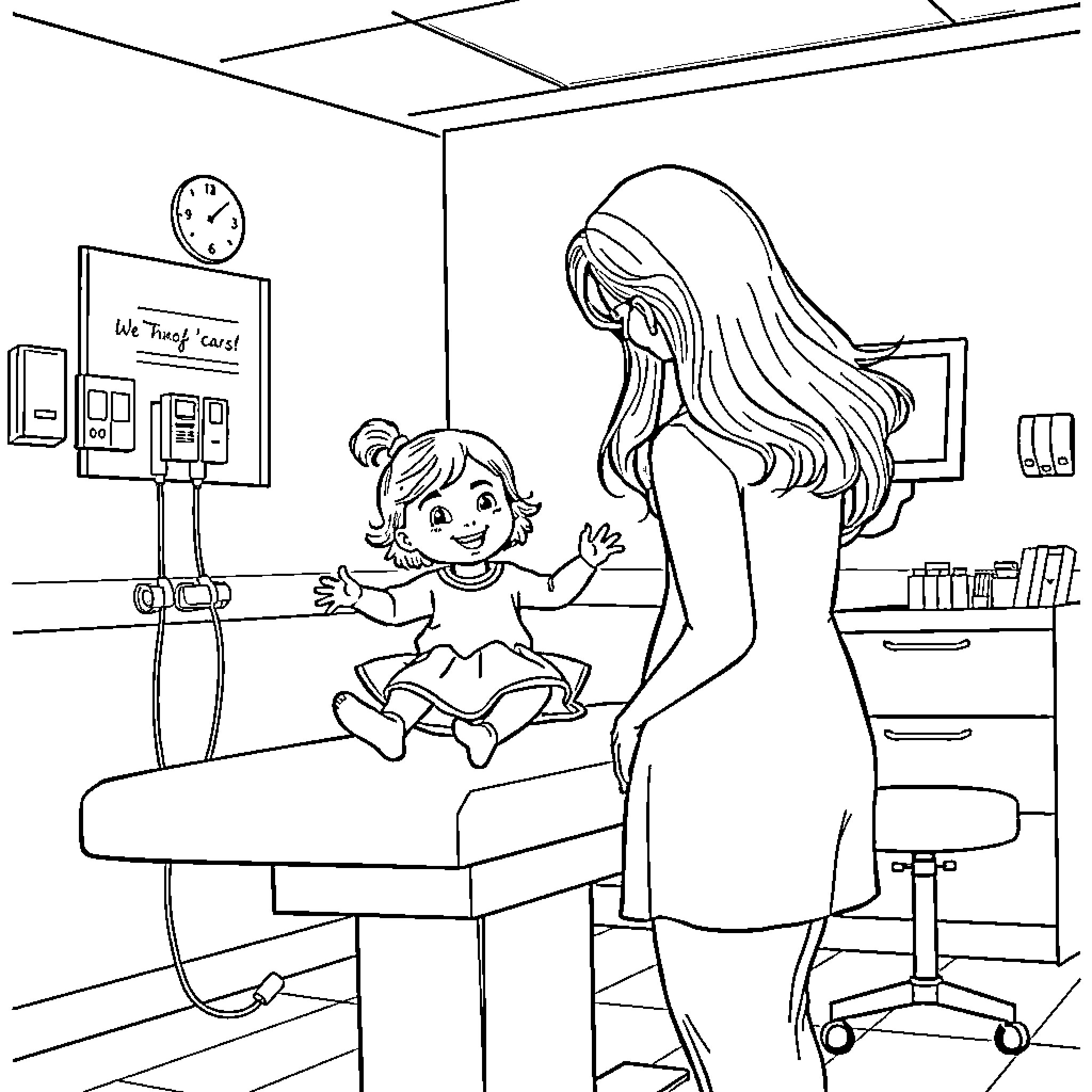 Mom and Daughter's Tender Moment in the Doctor's Office Coloring Page (free black-and-white line drawing printable PDF for all, from beginners to advanced learners, including children, teens, adults, and seniors)