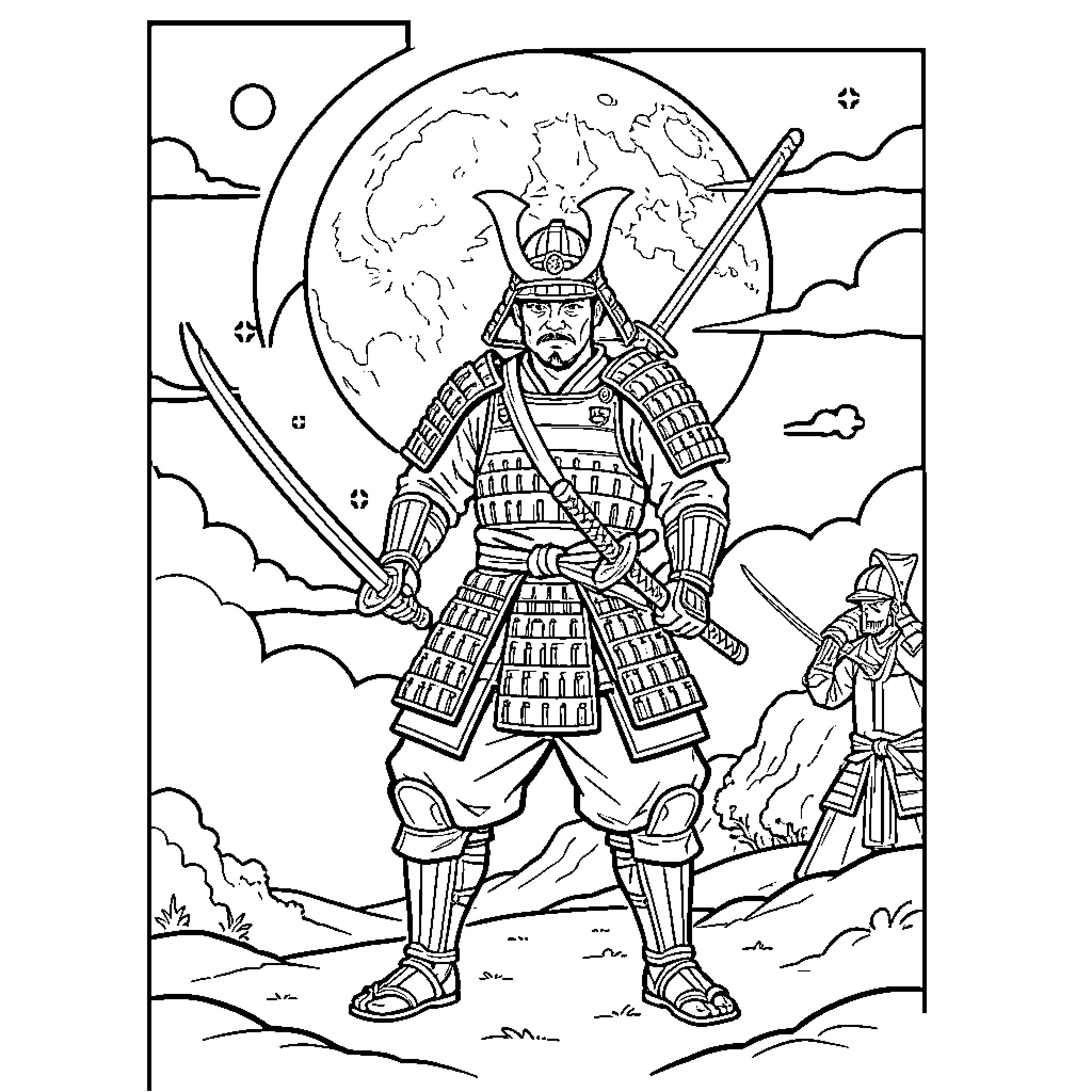 Moon Samurai standing tall with dual swords Coloring Page (free black-and-white line drawing printable PDF for all, from beginners to advanced learners, including children, teens, adults, and seniors)
