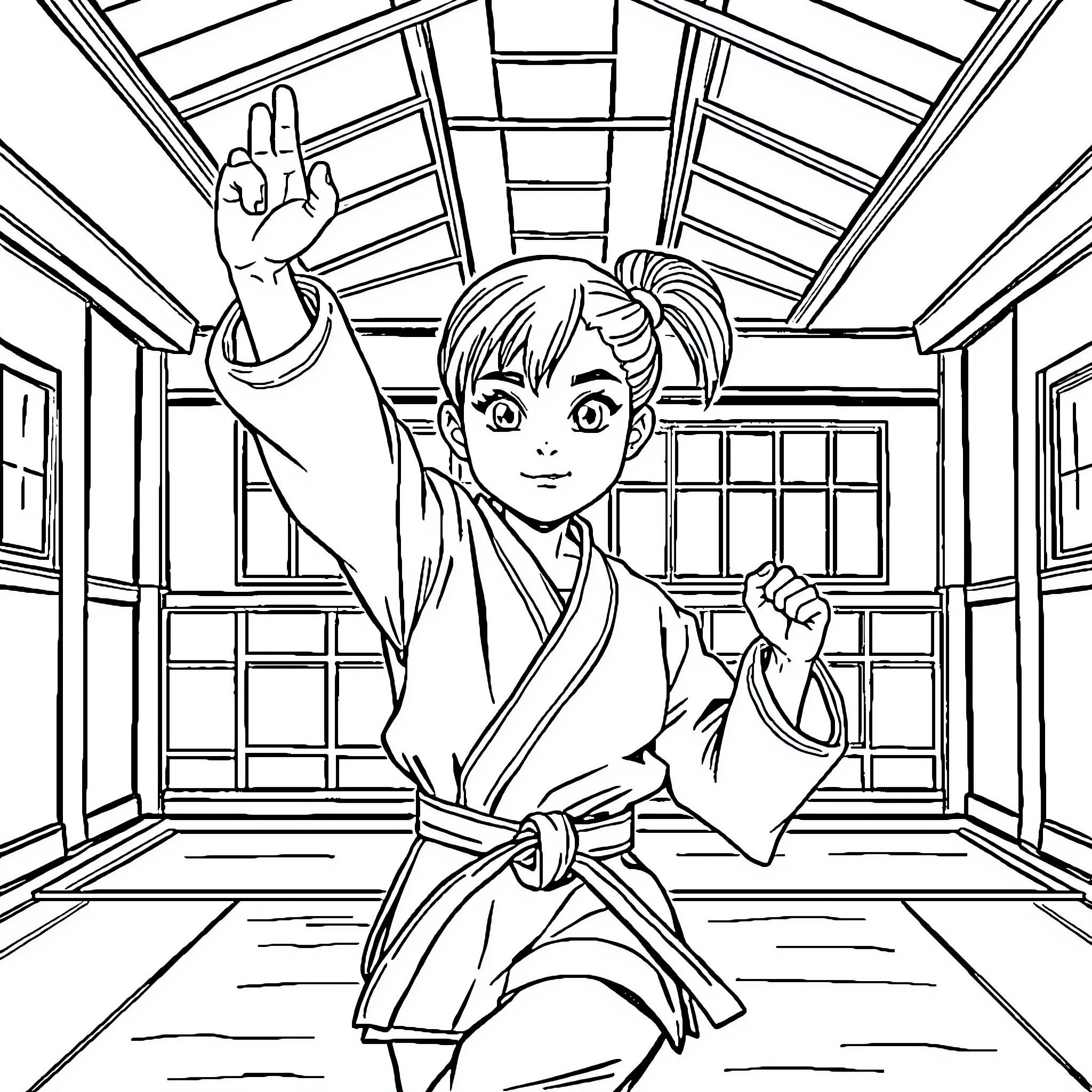 Girl in Martial Arts Pose at Dojo Coloring Page (free black-and-white line drawing printable PDF for all, from beginners to advanced learners, including children, teens, adults, and seniors)