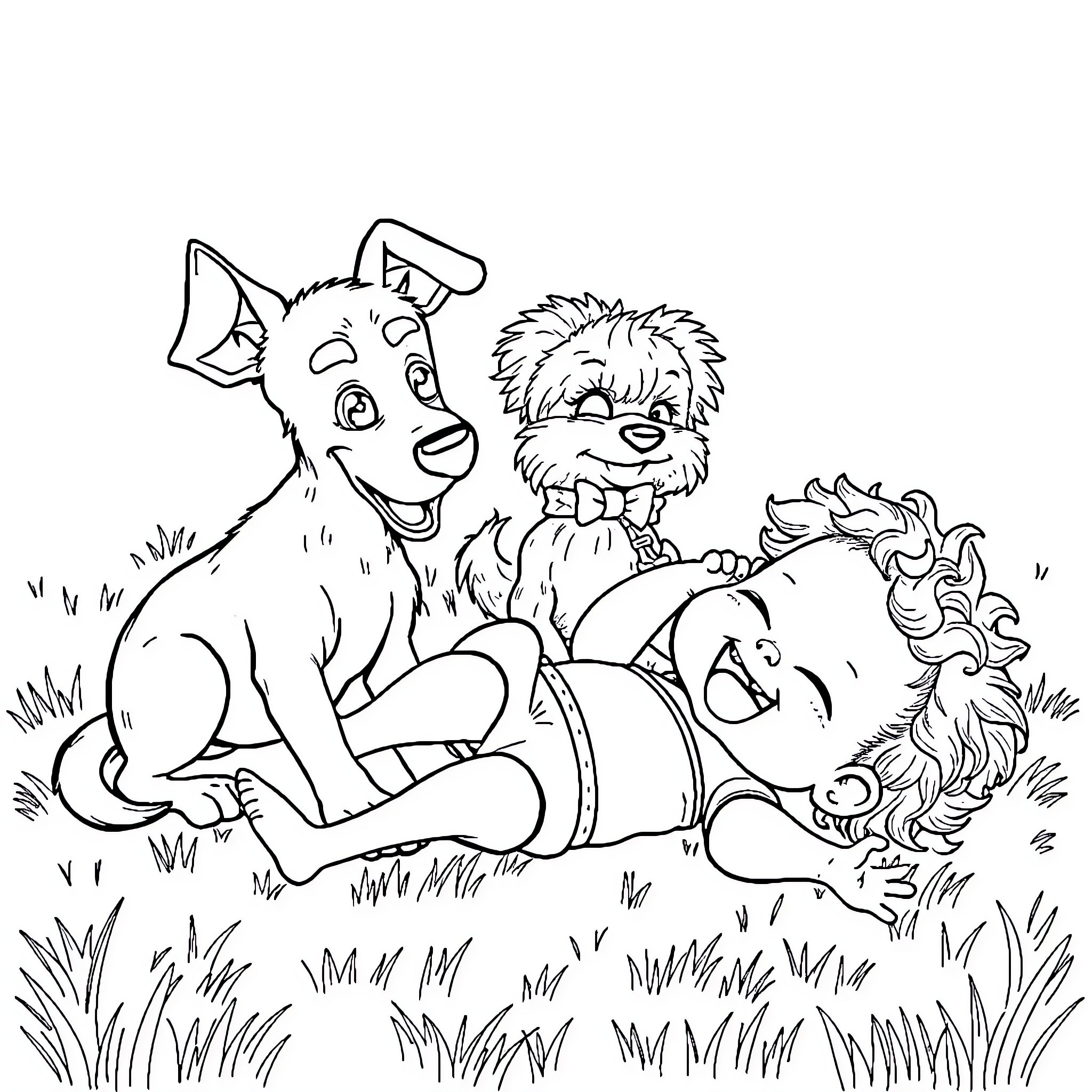 Dog friends playing together in the grass Coloring Page (free black-and-white line drawing printable PDF for all, from beginners to advanced learners, including children, teens, adults, and seniors)