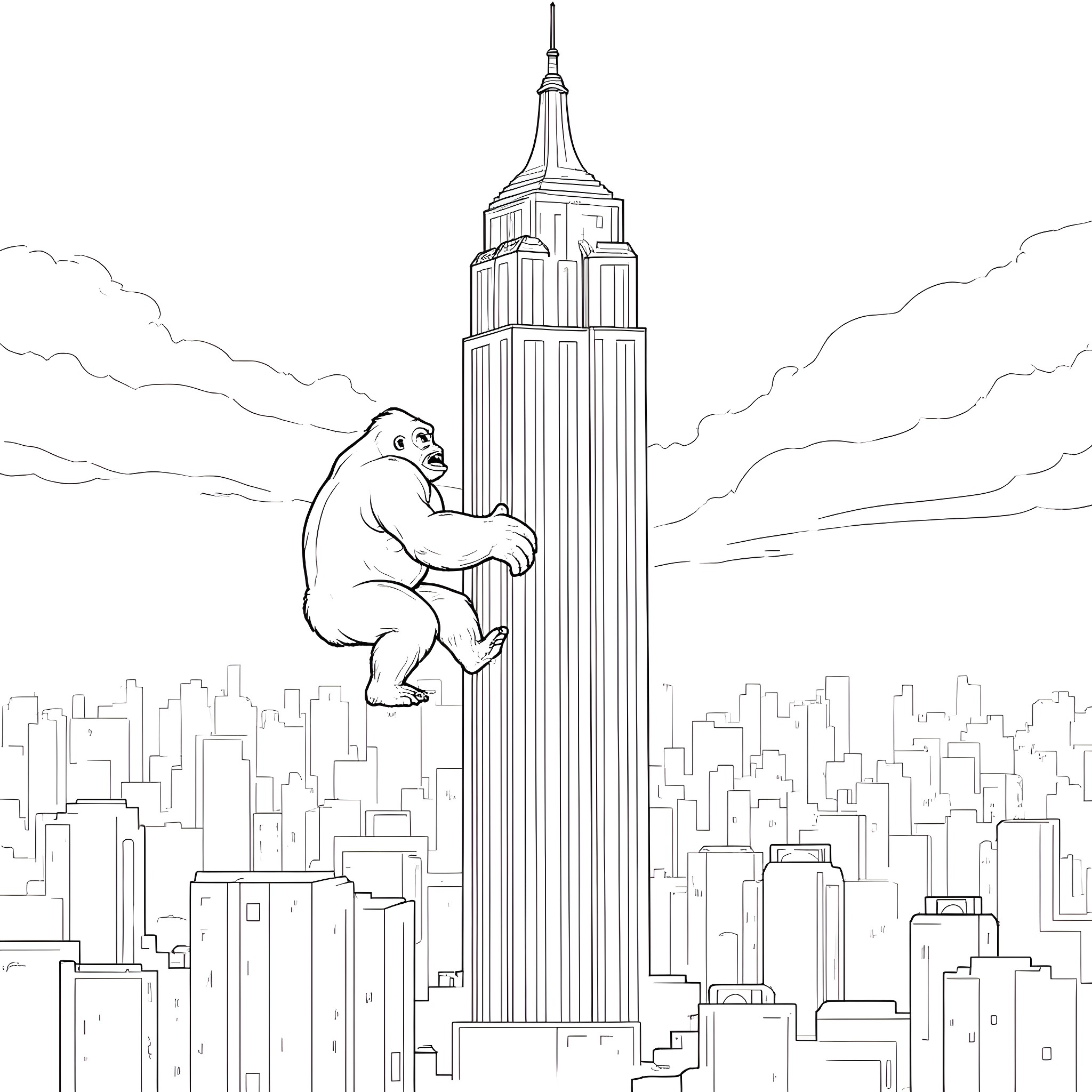 King Kong climbing the Empire State Building Coloring Page (free black-and-white line drawing printable PDF for all, from beginners to advanced learners, including children, teens, adults, and seniors)
