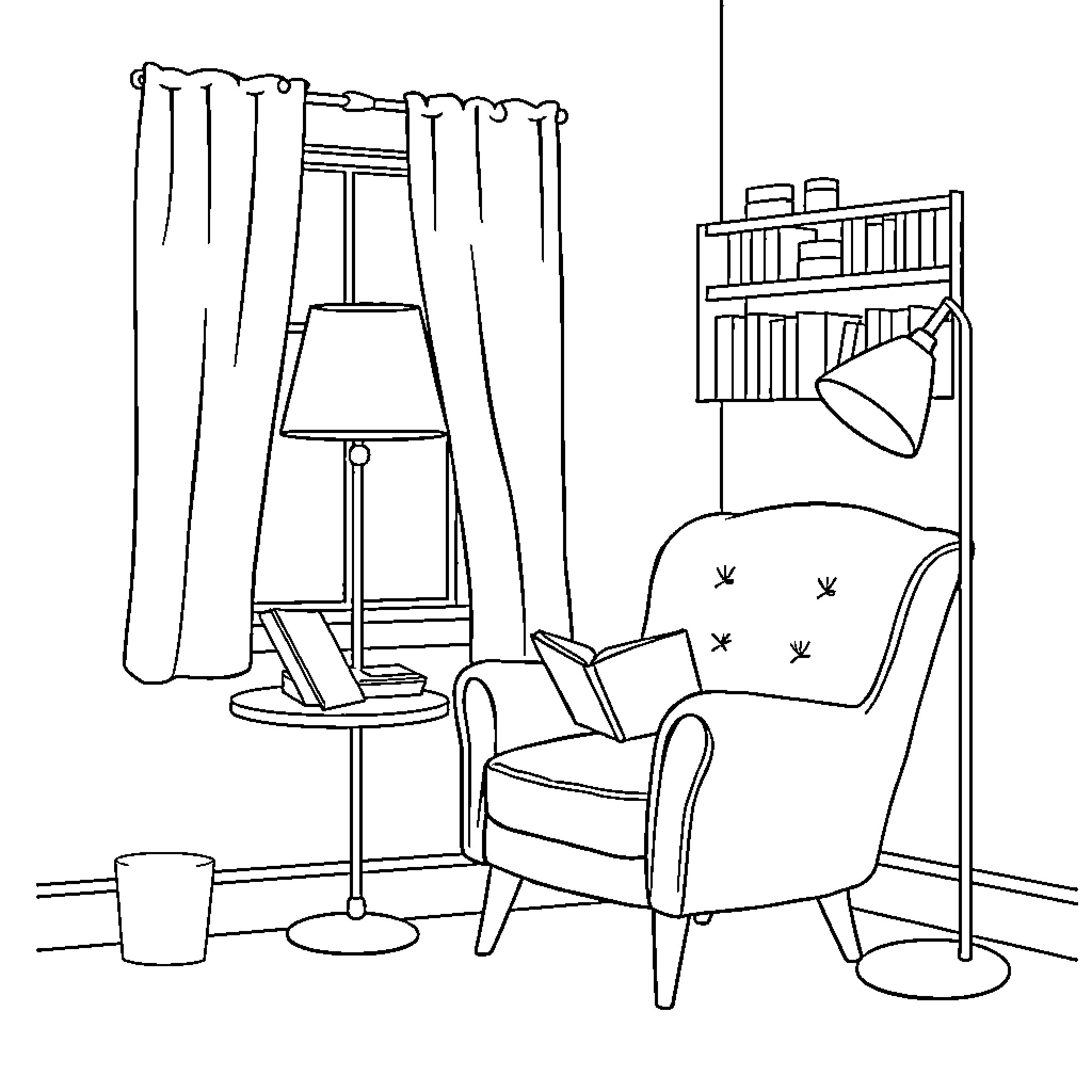 Reading Nook with Comfortable Armchair Coloring Page (free black-and-white line drawing printable PDF for all, from beginners to advanced learners, including children, teens, adults, and seniors)