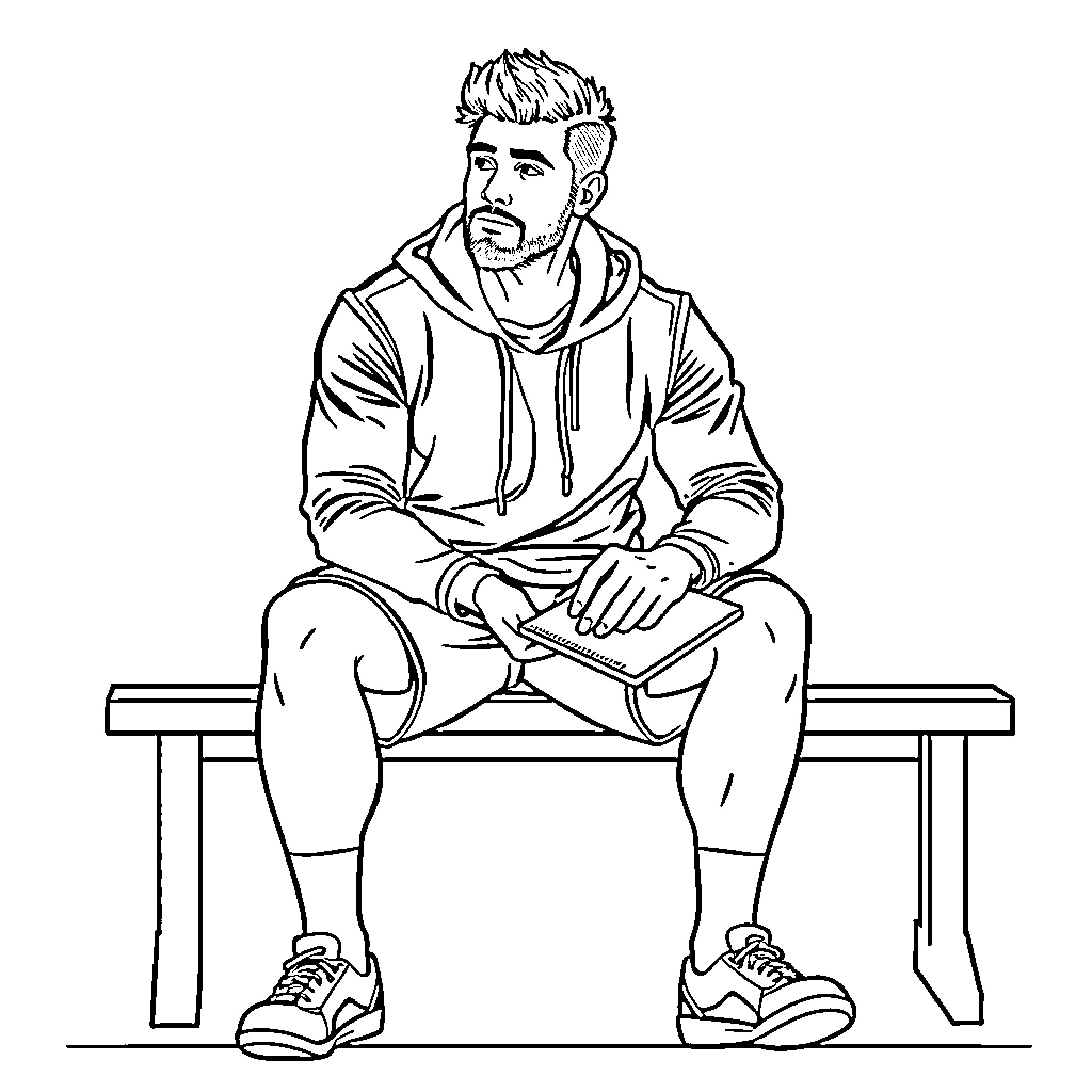 Trainer reading intently on a bench Coloring Page (free black-and-white line drawing printable PDF for all, from beginners to advanced learners, including children, teens, adults, and seniors)