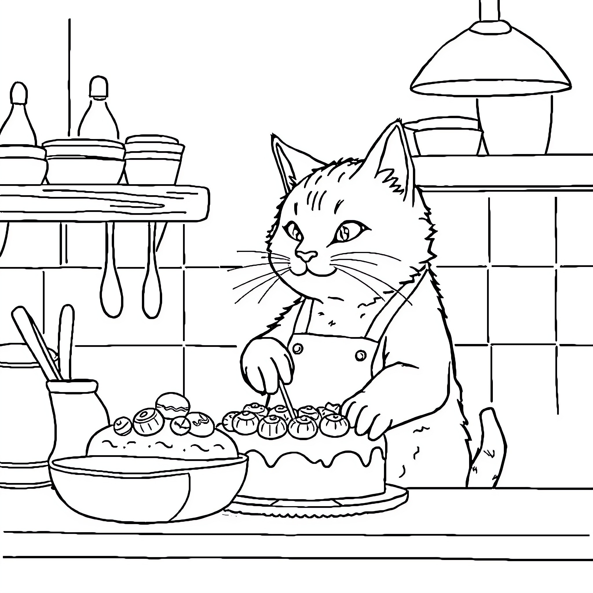 Cat baking and decorating in the kitchen Coloring Page (free black-and-white line drawing printable PDF for all, from beginners to advanced learners, including children, teens, adults, and seniors)