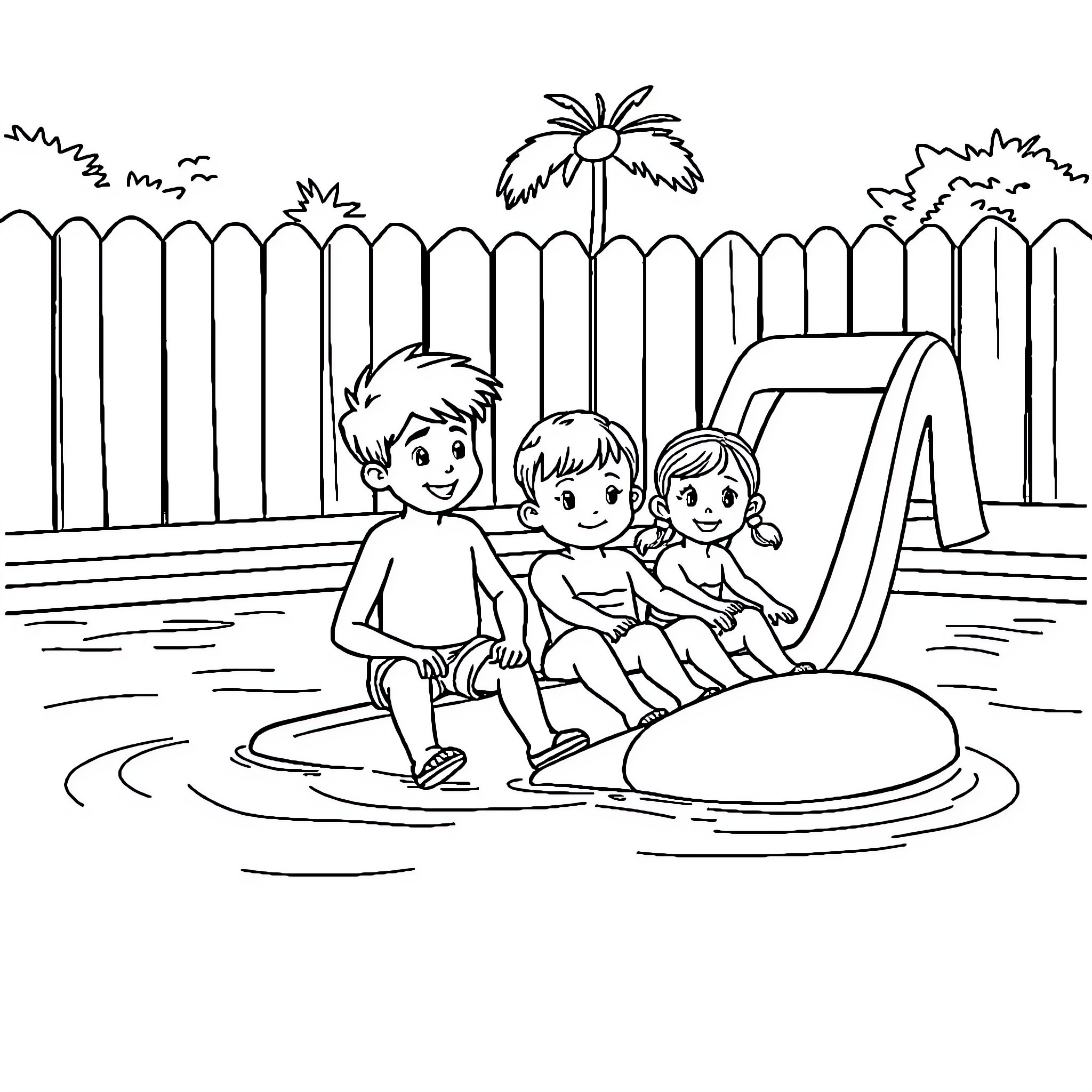 Child playing in the backyard with friends Coloring Page (free black-and-white line drawing printable PDF for all, from beginners to advanced learners, including children, teens, adults, and seniors)