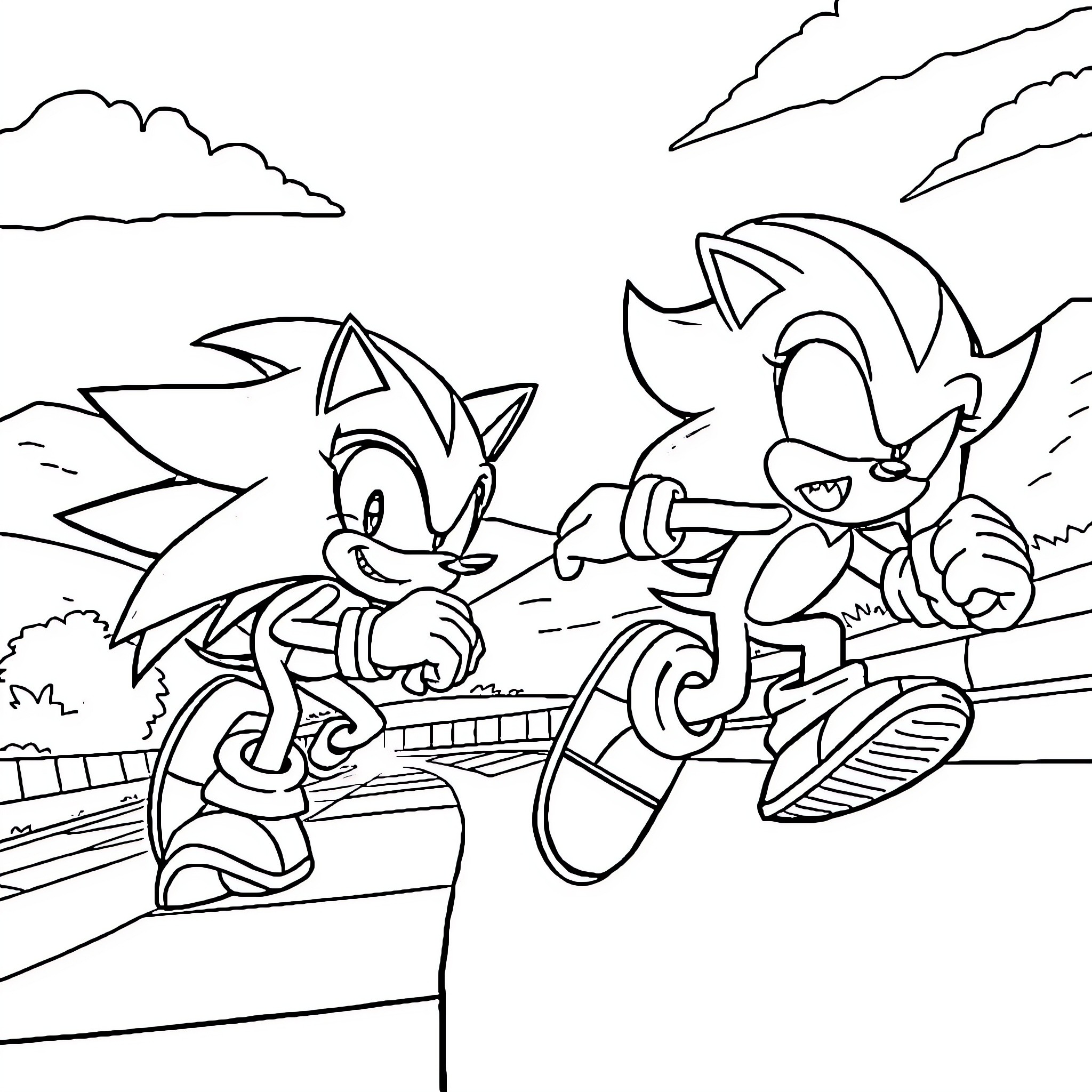 Sonic and Friends Racing in a Scenic Landscape Coloring Page (free black-and-white line drawing printable PDF for all, from beginners to advanced learners, including children, teens, adults, and seniors)