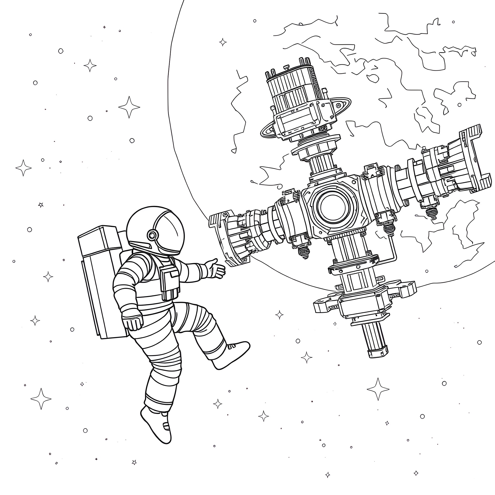 Astronaut floating in space near futuristic spacecraft Coloring Page (free black-and-white line drawing printable PDF for all, from beginners to advanced learners, including children, teens, adults, and seniors)
