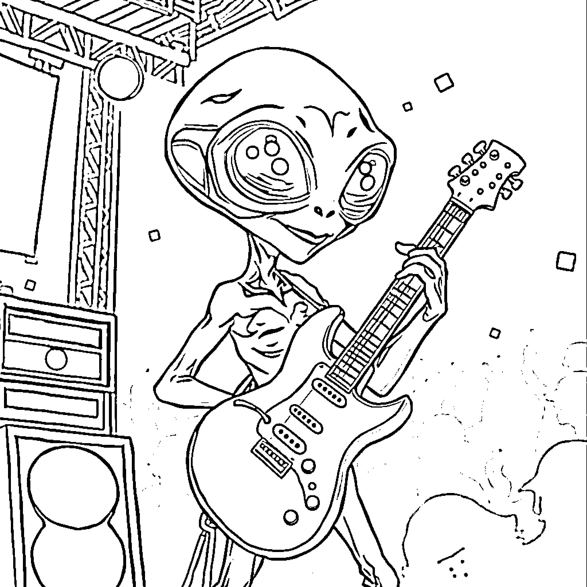 Alien Musician Performing with Electric Guitar Coloring Page (free black-and-white line drawing printable PDF for all, from beginners to advanced learners, including children, teens, adults, and seniors)