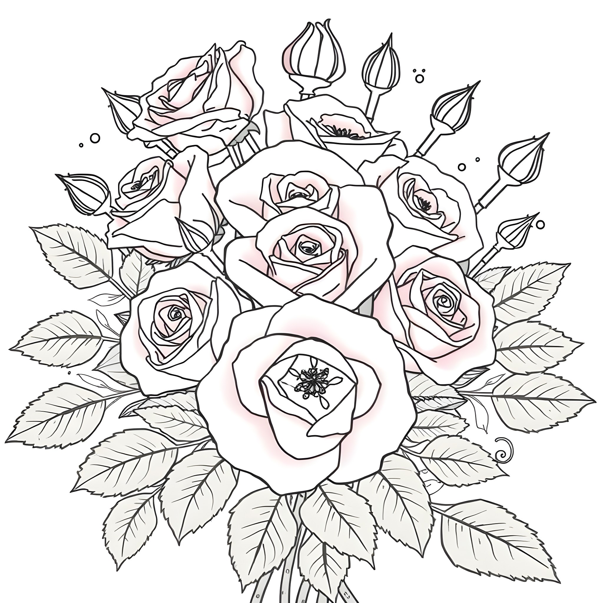 Rose Bouquet with Detailed Floral Patterns Coloring Page (free black-and-white line drawing printable PDF for all, from beginners to advanced learners, including children, teens, adults, and seniors)