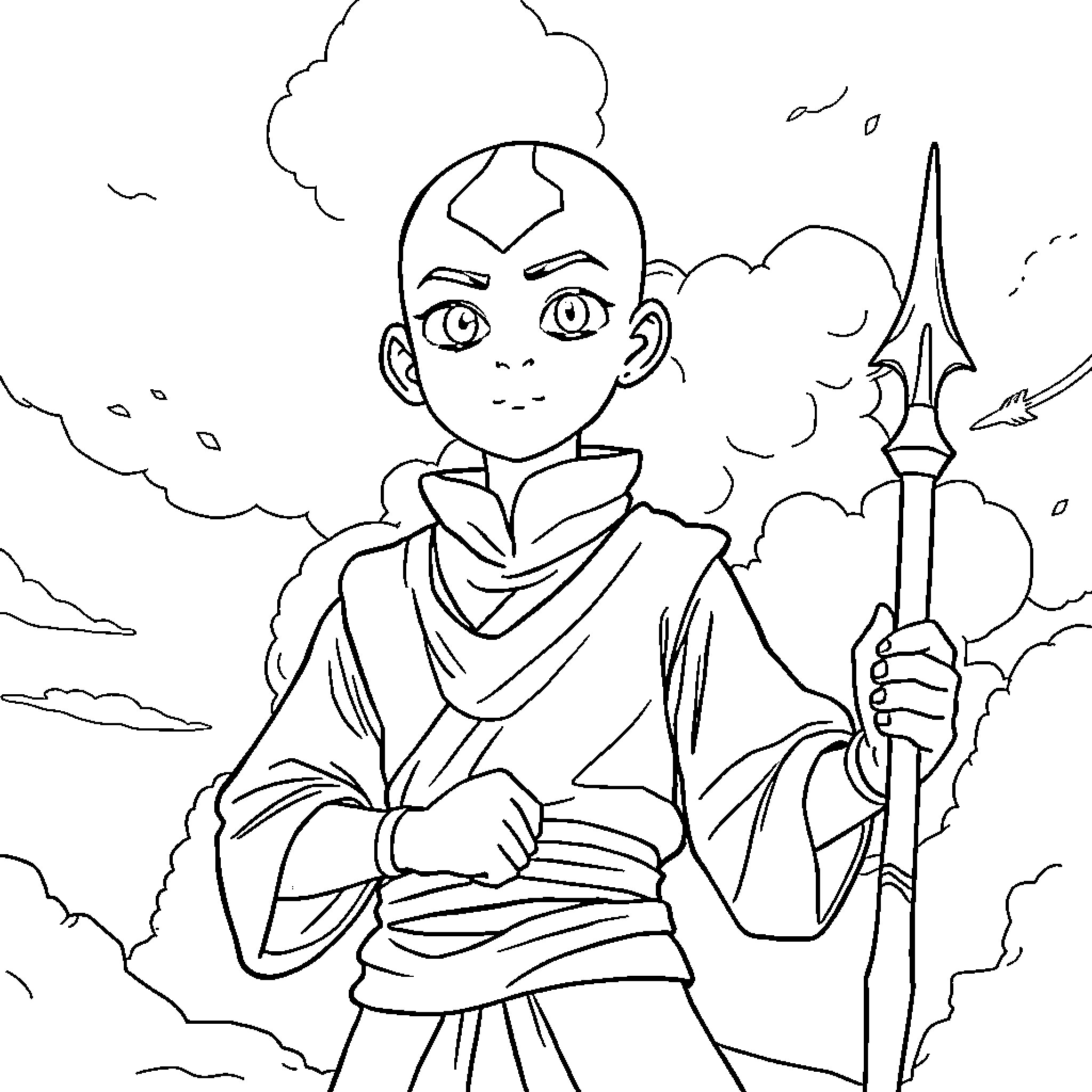 Aang's Heroic Stance with Airbending Staff Coloring Page (free black-and-white line drawing printable PDF for all, from beginners to advanced learners, including children, teens, adults, and seniors)