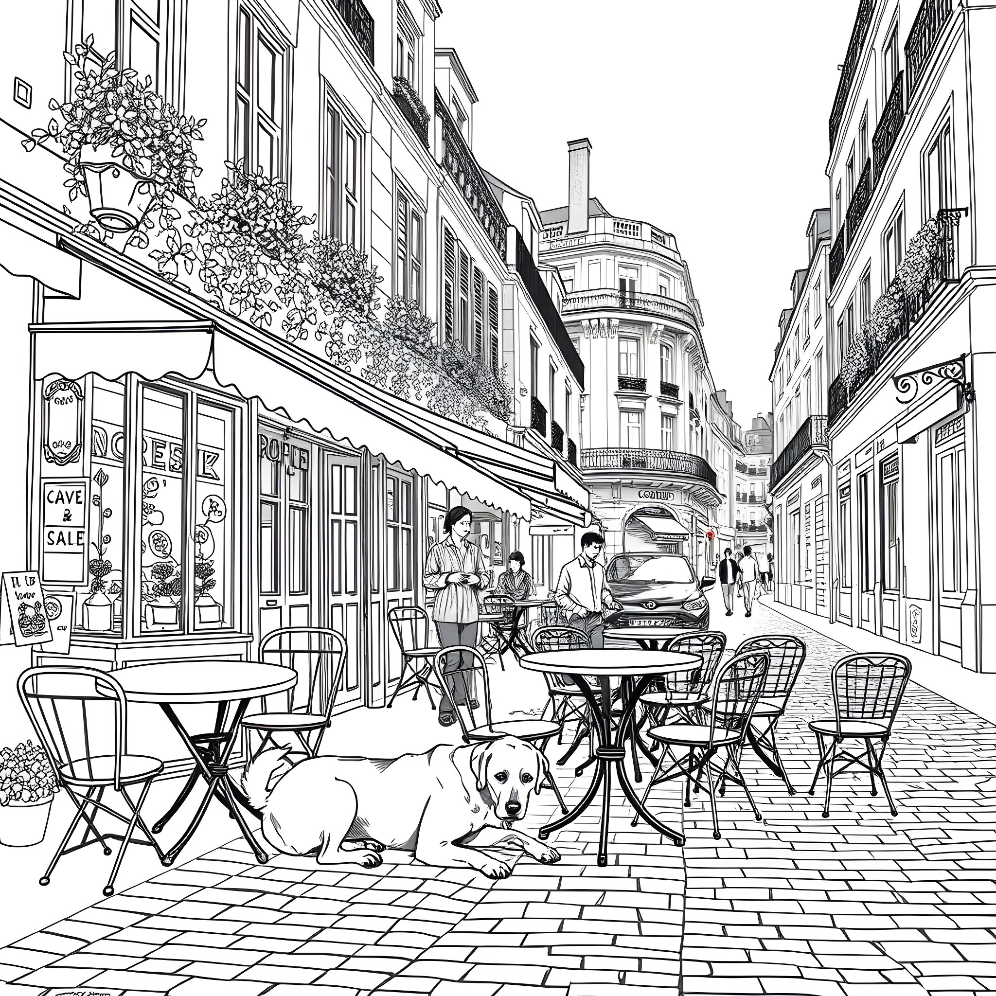Dog relaxing in a lively Parisian street cafe Coloring Page (free black-and-white line drawing printable PDF for all, from beginners to advanced learners, including children, teens, adults, and seniors)