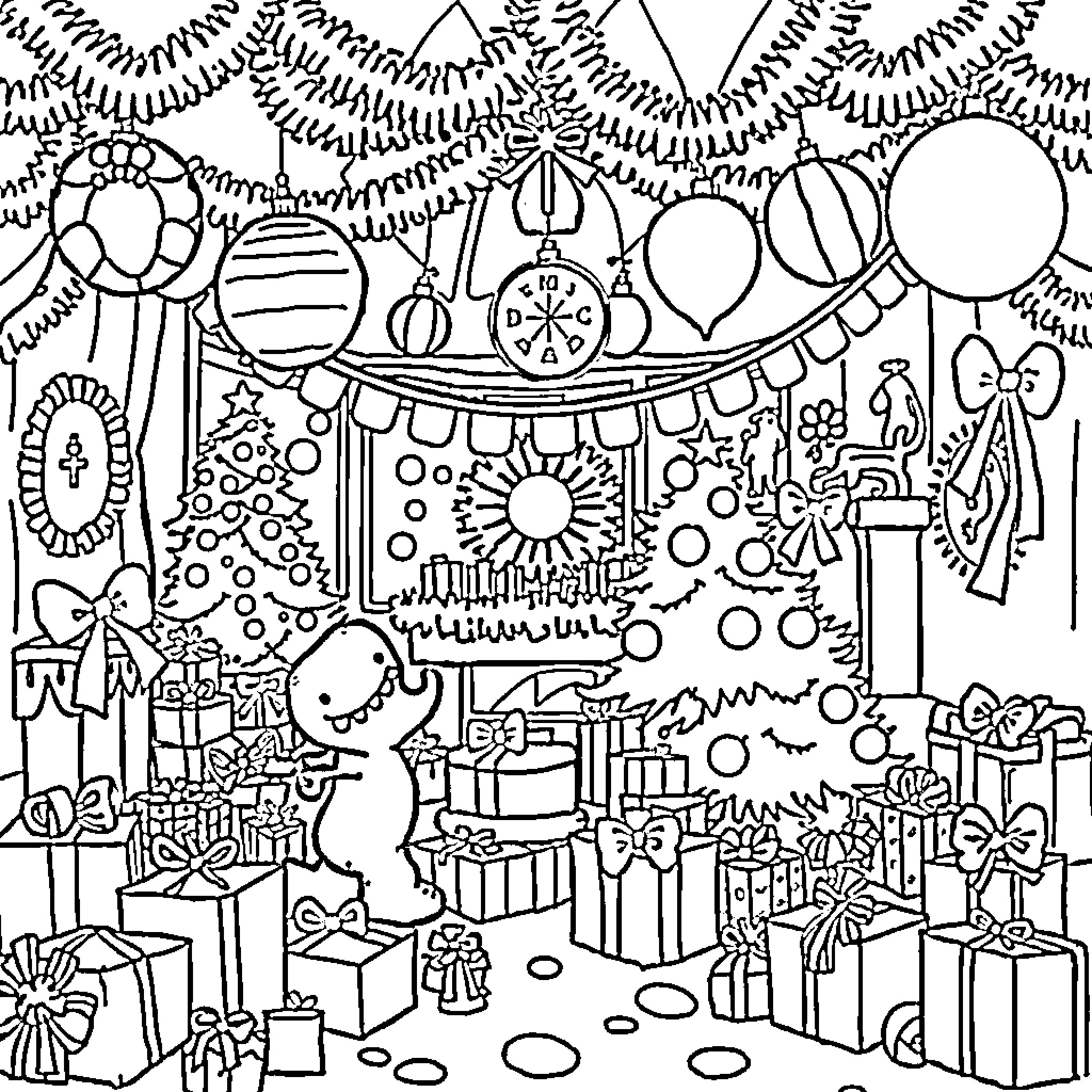 Christmas celebration with festive decorations and presents Coloring Page (free black-and-white line drawing printable PDF for all, from beginners to advanced learners, including children, teens, adults, and seniors)
