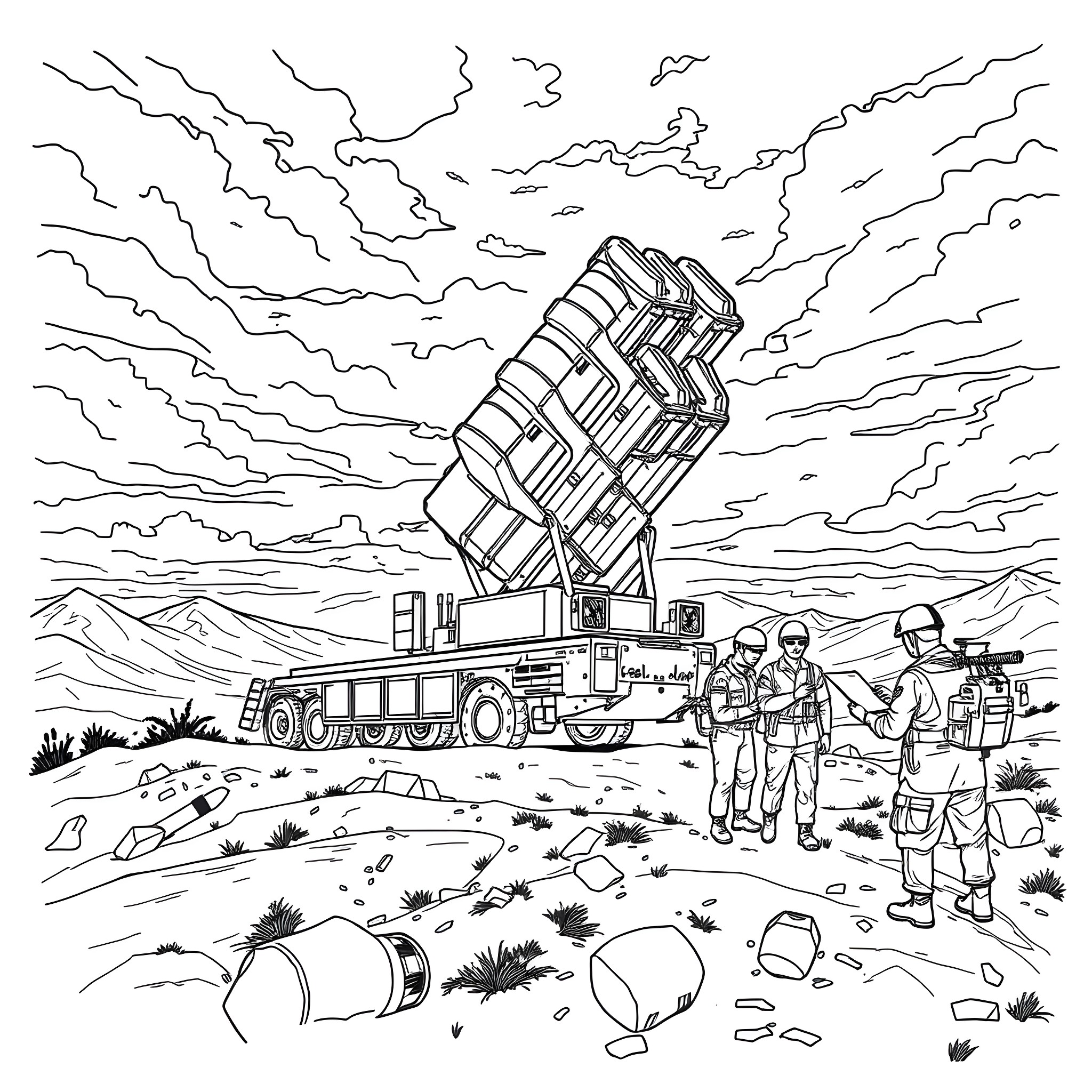 Mlrs military personnel inspecting missile system Coloring Page (free black-and-white line drawing printable PDF for all, from beginners to advanced learners, including children, teens, adults, and seniors)
