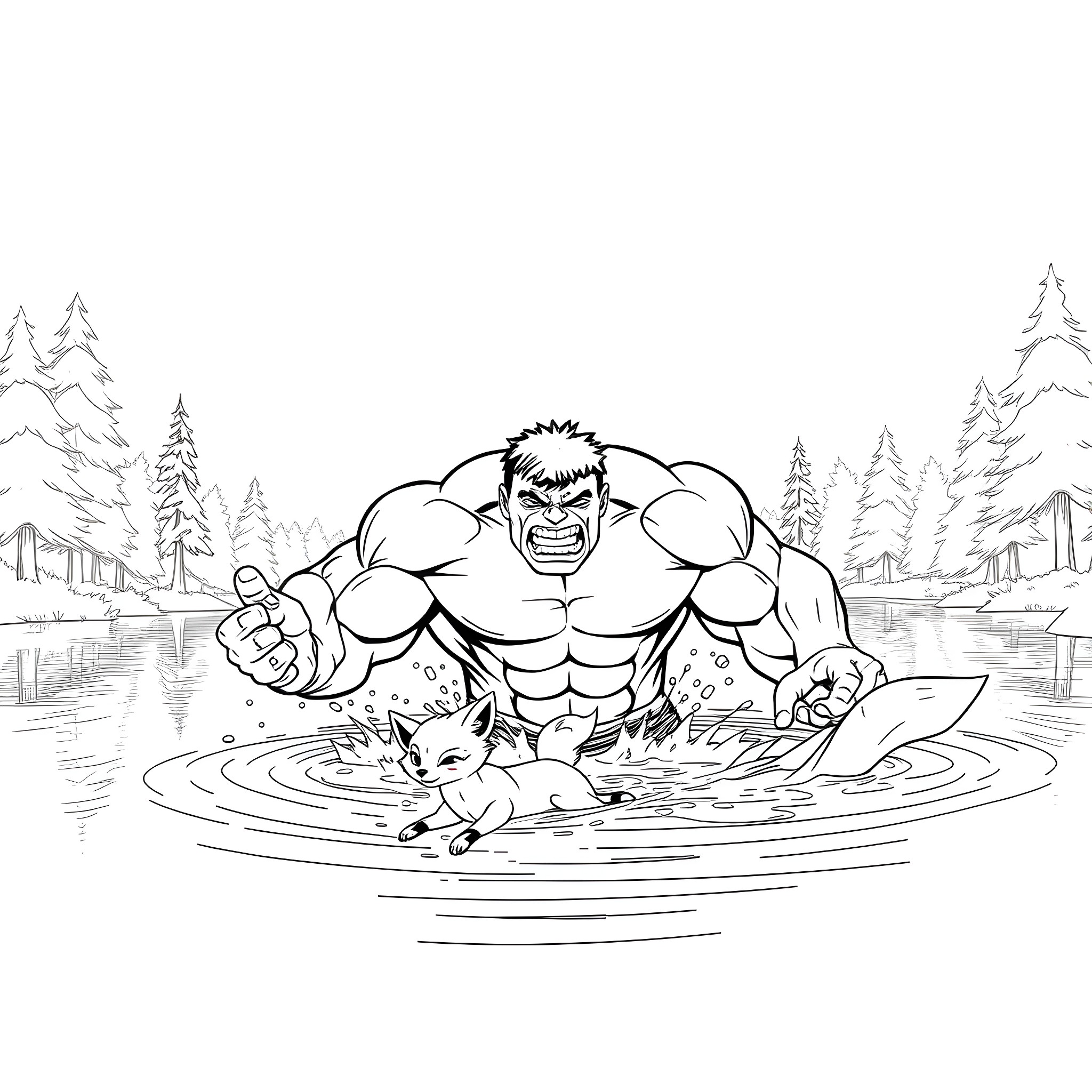 Hulk playing with puppy in winter wonderland Coloring Page (free black-and-white line drawing printable PDF for all, from beginners to advanced learners, including children, teens, adults, and seniors)