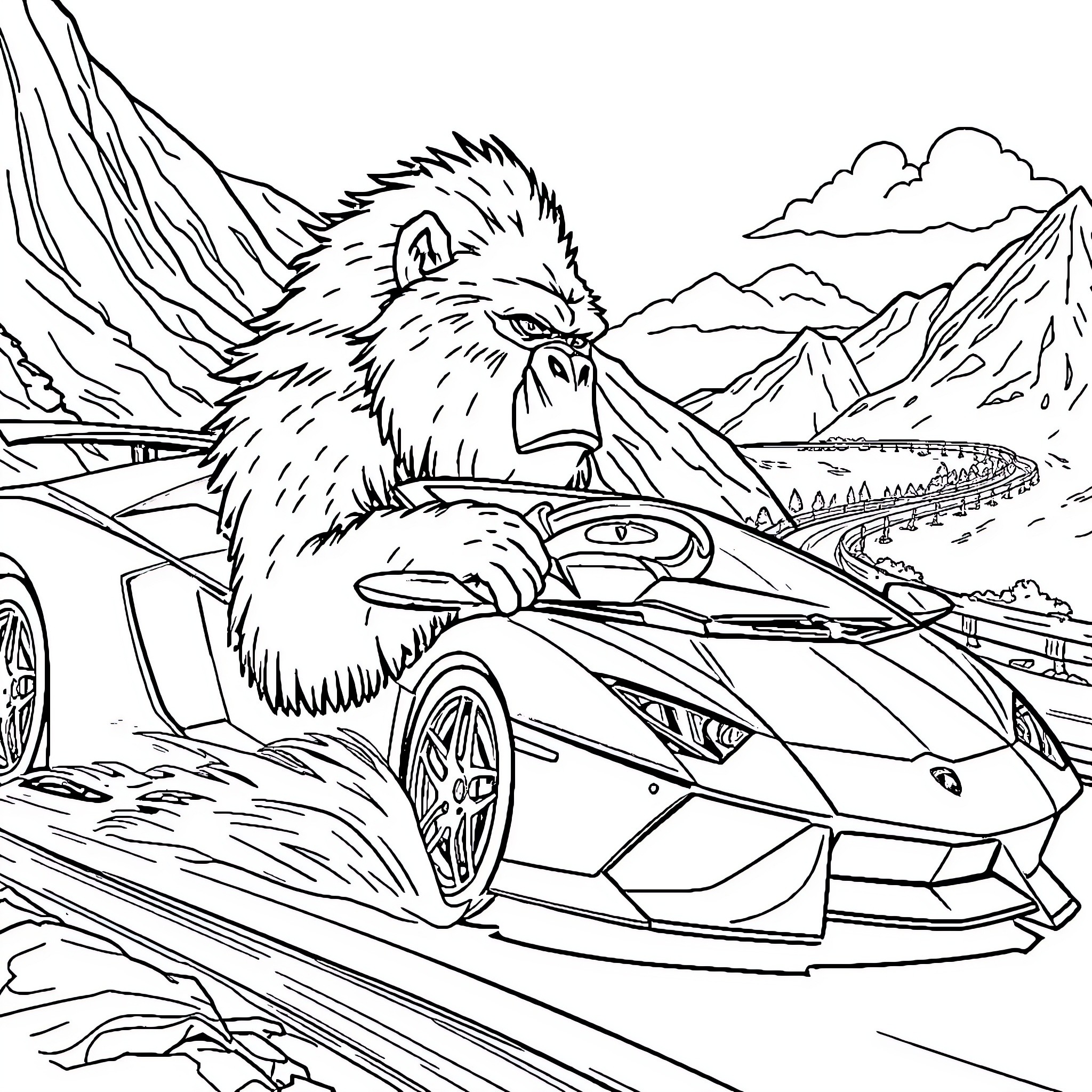 Yeti Driving a Futuristic Supercar in the Mountains Coloring Page (free black-and-white line drawing printable PDF for all, from beginners to advanced learners, including children, teens, adults, and seniors)