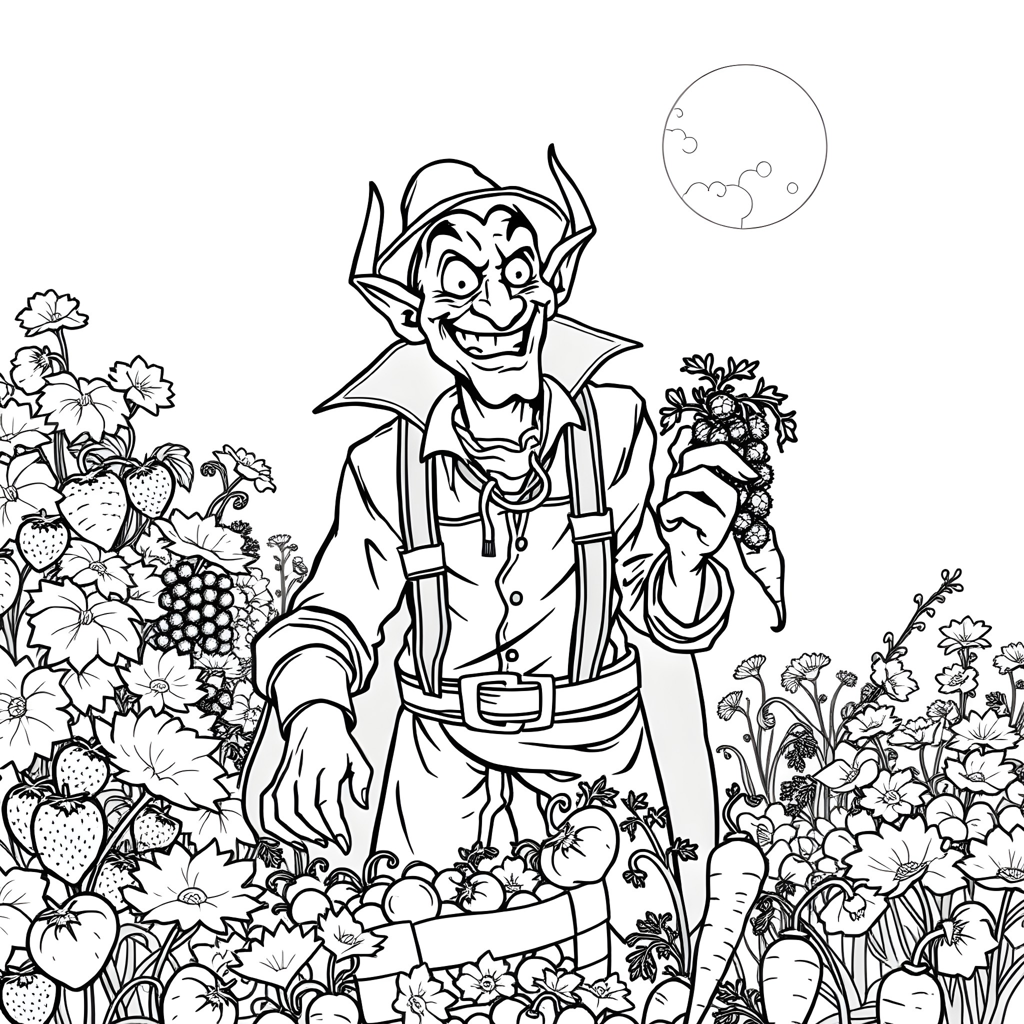 Vampire gardening in a lush, floral landscape Coloring Page (free black-and-white line drawing printable PDF for all, from beginners to advanced learners, including children, teens, adults, and seniors)