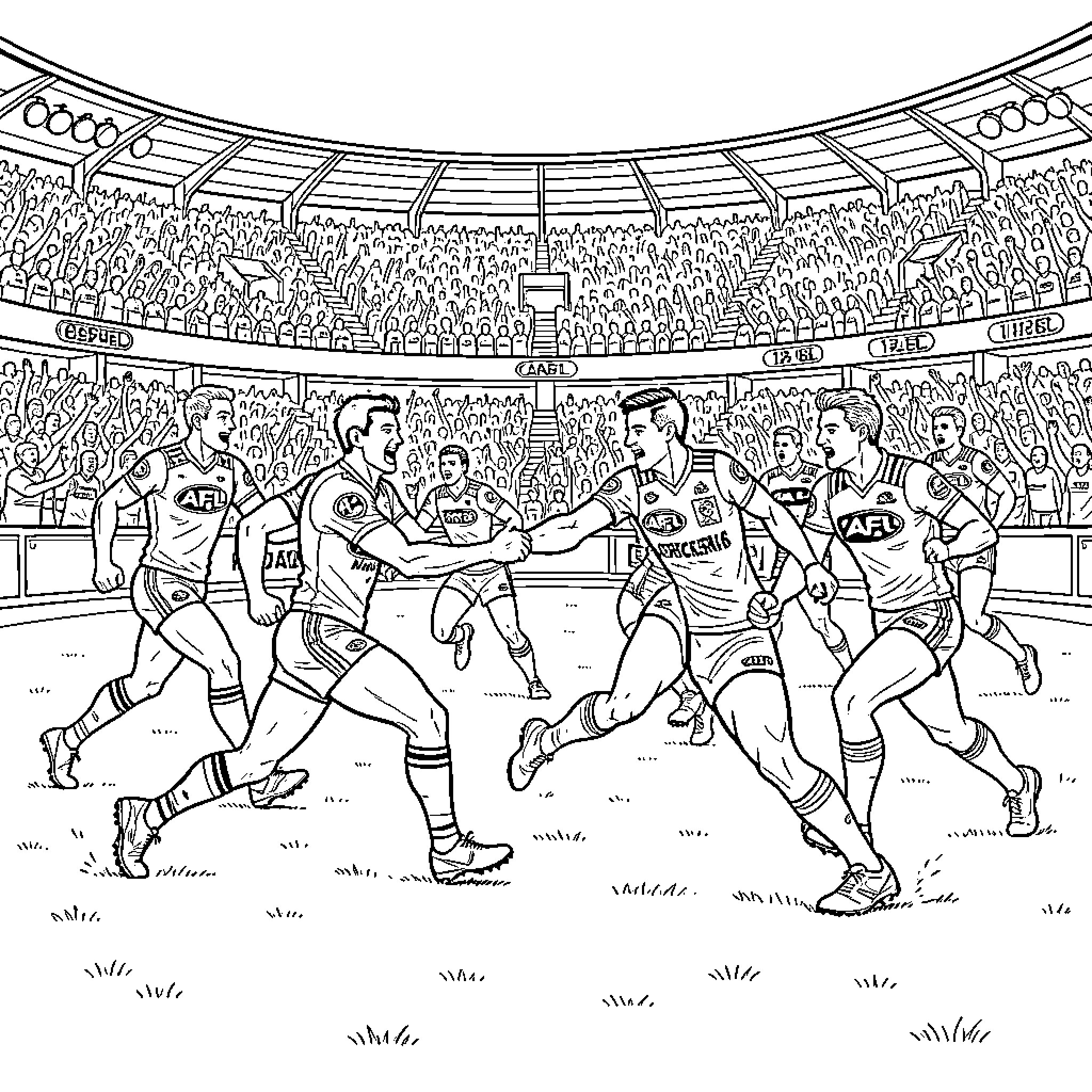 Fremantle Dockers players celebrating a victory on the field Coloring Page (free black-and-white line drawing printable PDF for all, from beginners to advanced learners, including children, teens, adults, and seniors)