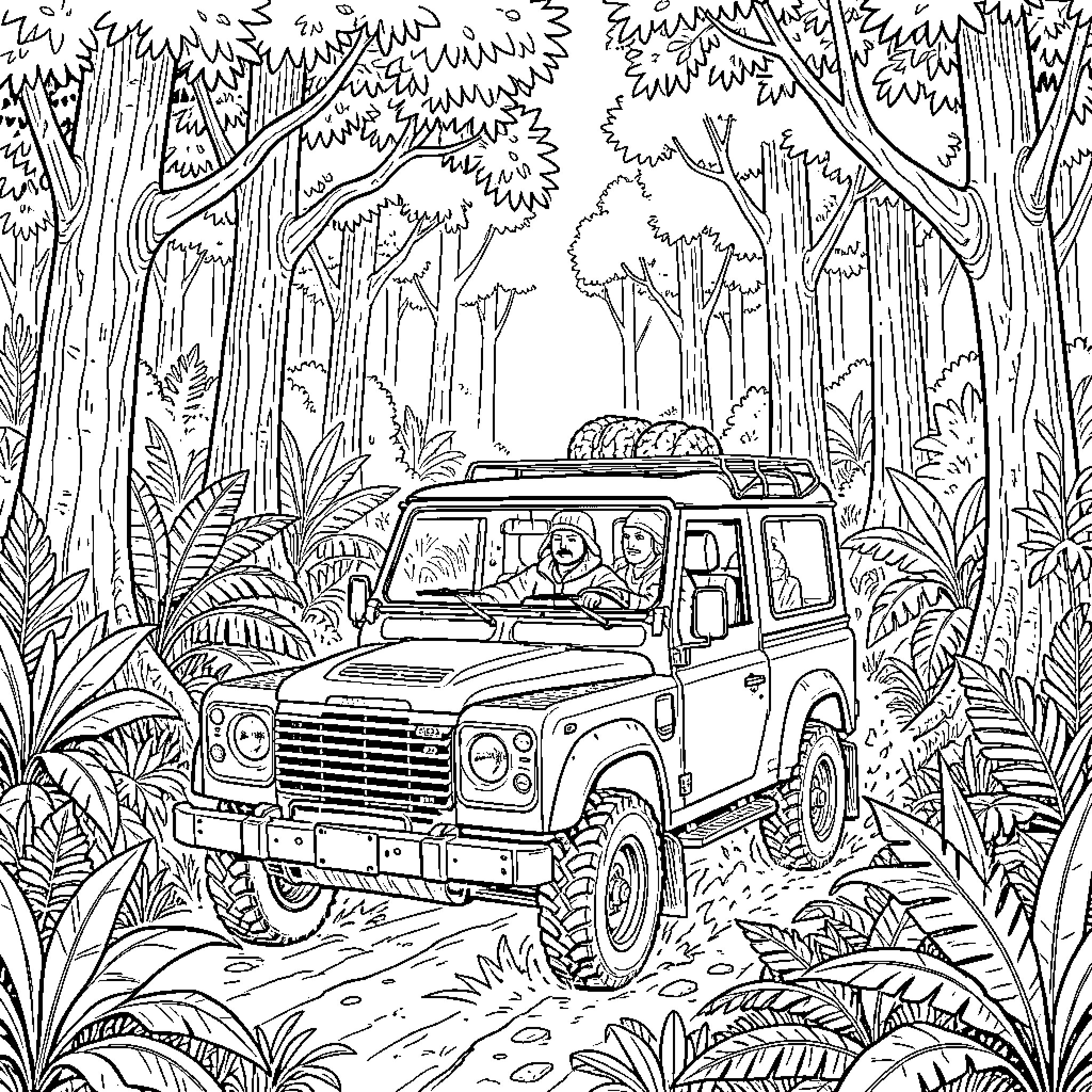 Sherp driving through a lush tropical jungle Coloring Page (free black-and-white line drawing printable PDF for all, from beginners to advanced learners, including children, teens, adults, and seniors)