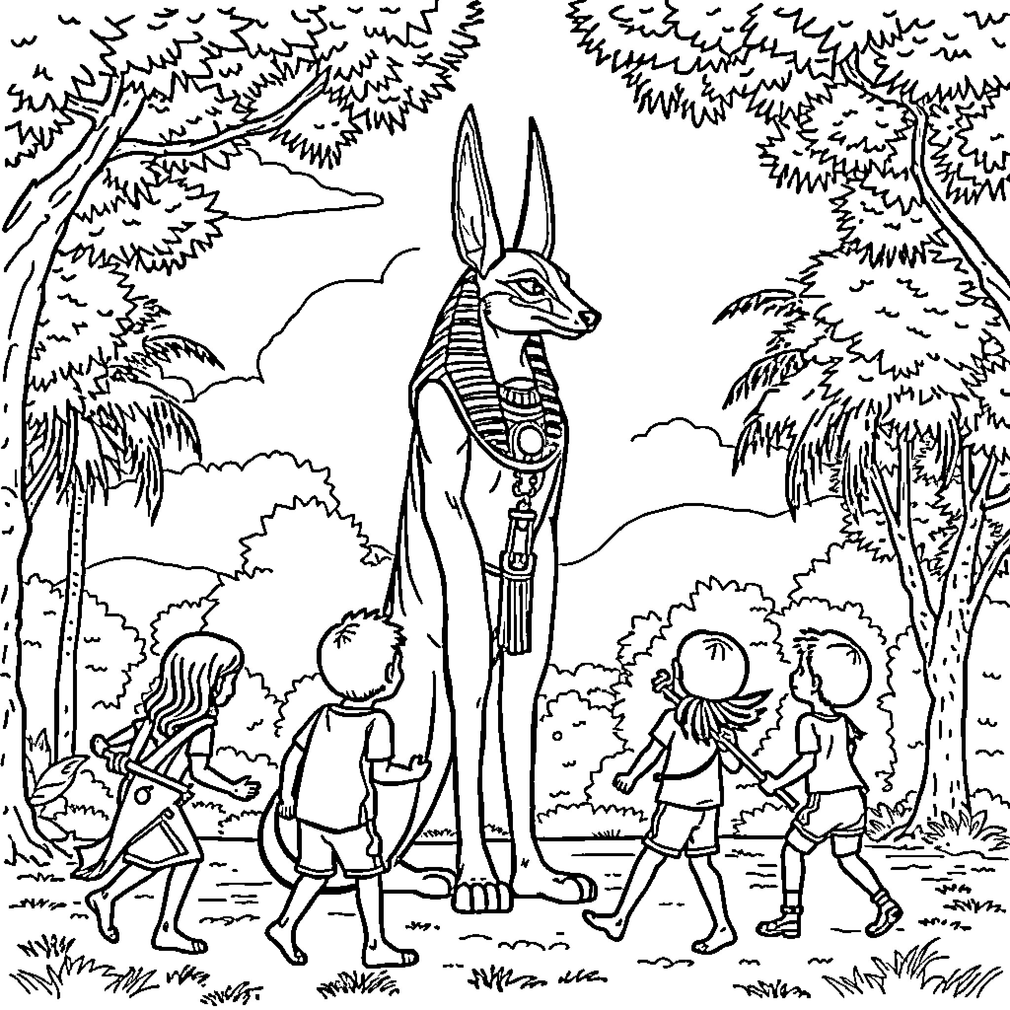 Anubis guiding children in the ancient Egyptian wilderness Coloring Page (free black-and-white line drawing printable PDF for all, from beginners to advanced learners, including children, teens, adults, and seniors)
