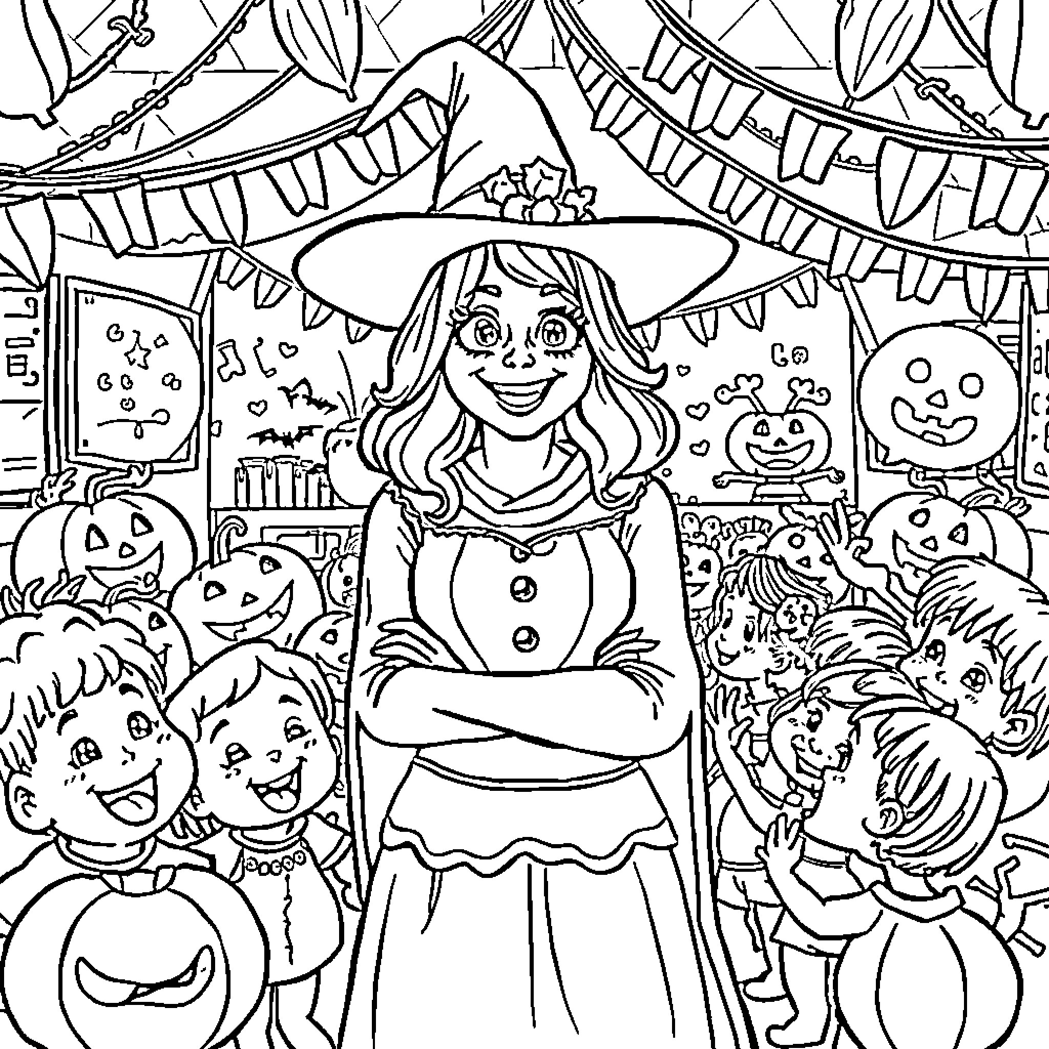 Teacher leading a Halloween-themed classroom activity Coloring Page (free black-and-white line drawing printable PDF for all, from beginners to advanced learners, including children, teens, adults, and seniors)