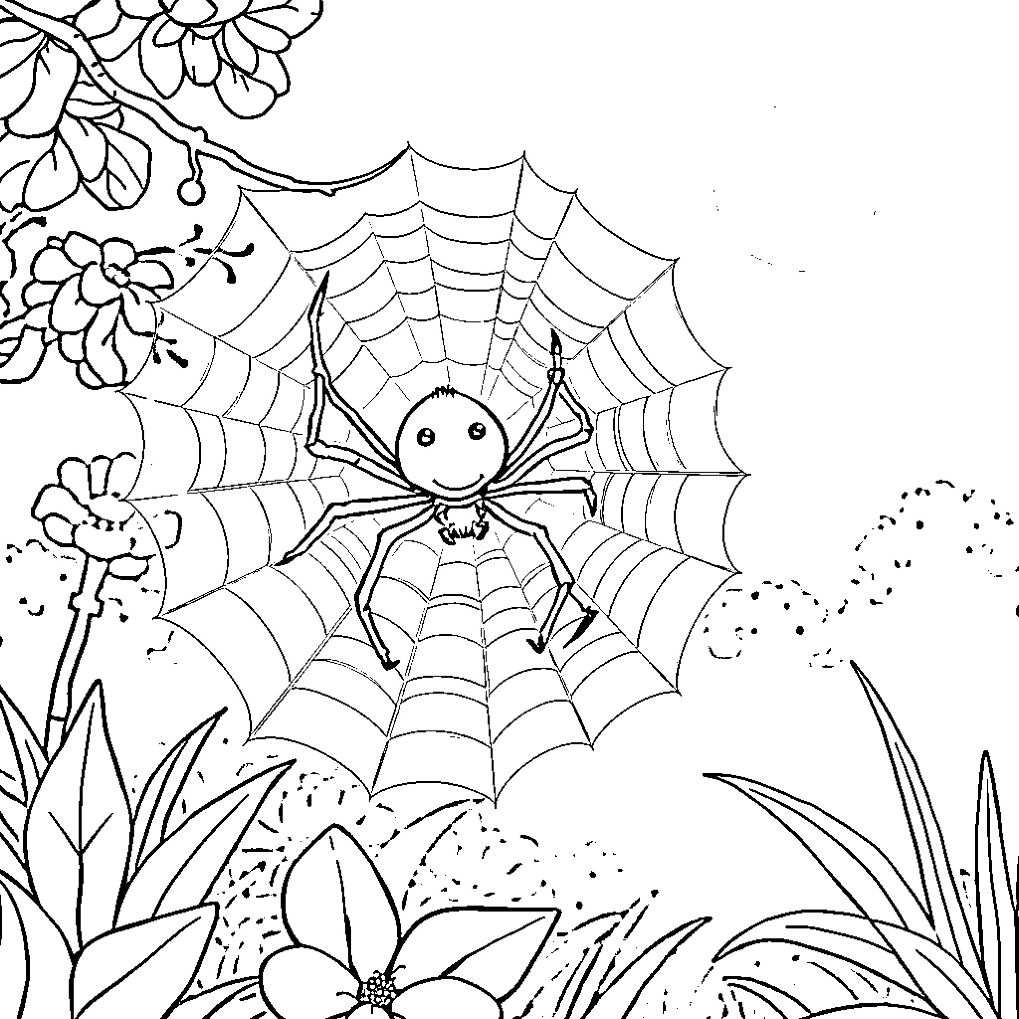 Spider sitting on its web in the nature Coloring Page (free black-and-white line drawing printable PDF for all, from beginners to advanced learners, including children, teens, adults, and seniors)