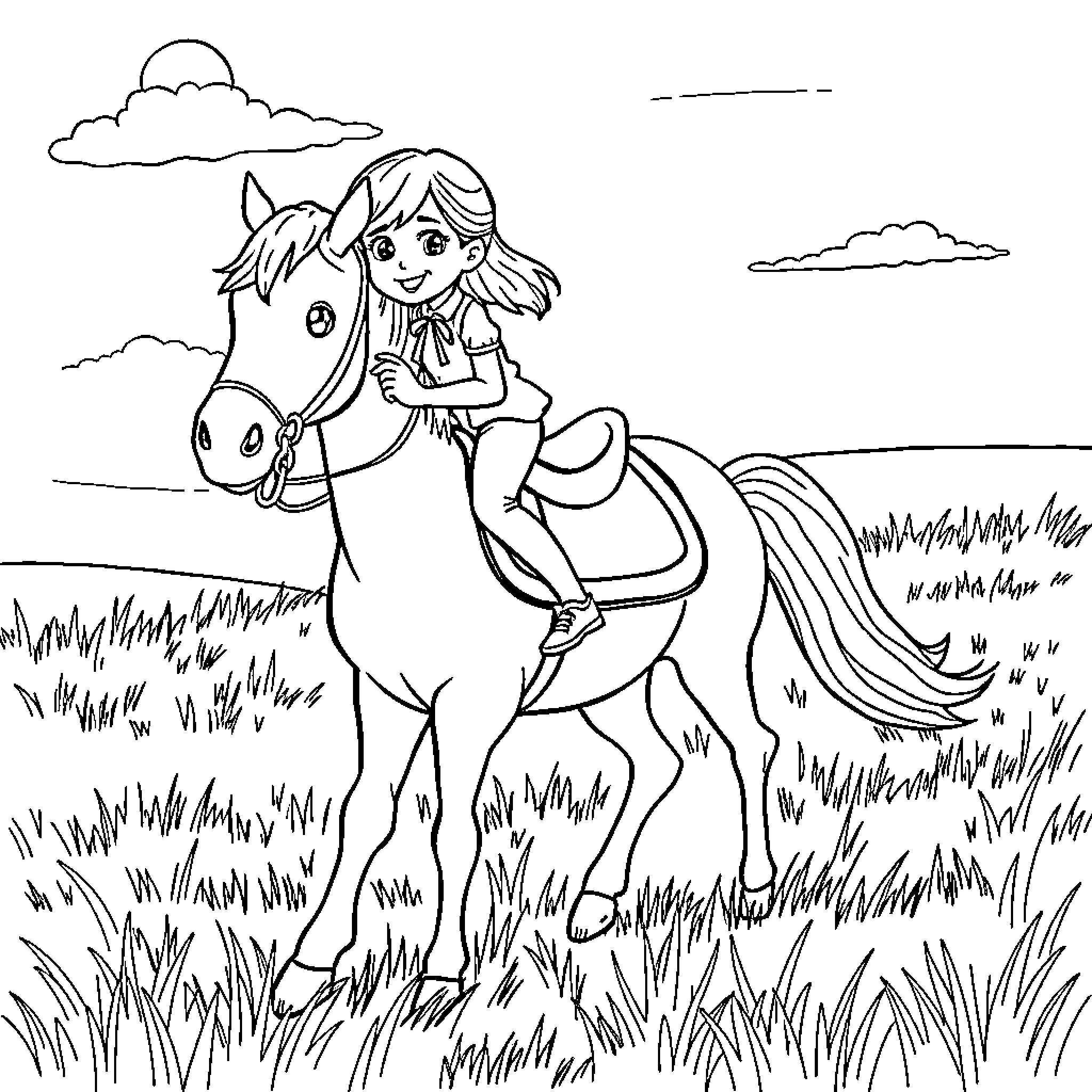 Girl riding a horse in the countryside Coloring Page (free black-and-white line drawing printable PDF for all, from beginners to advanced learners, including children, teens, adults, and seniors)