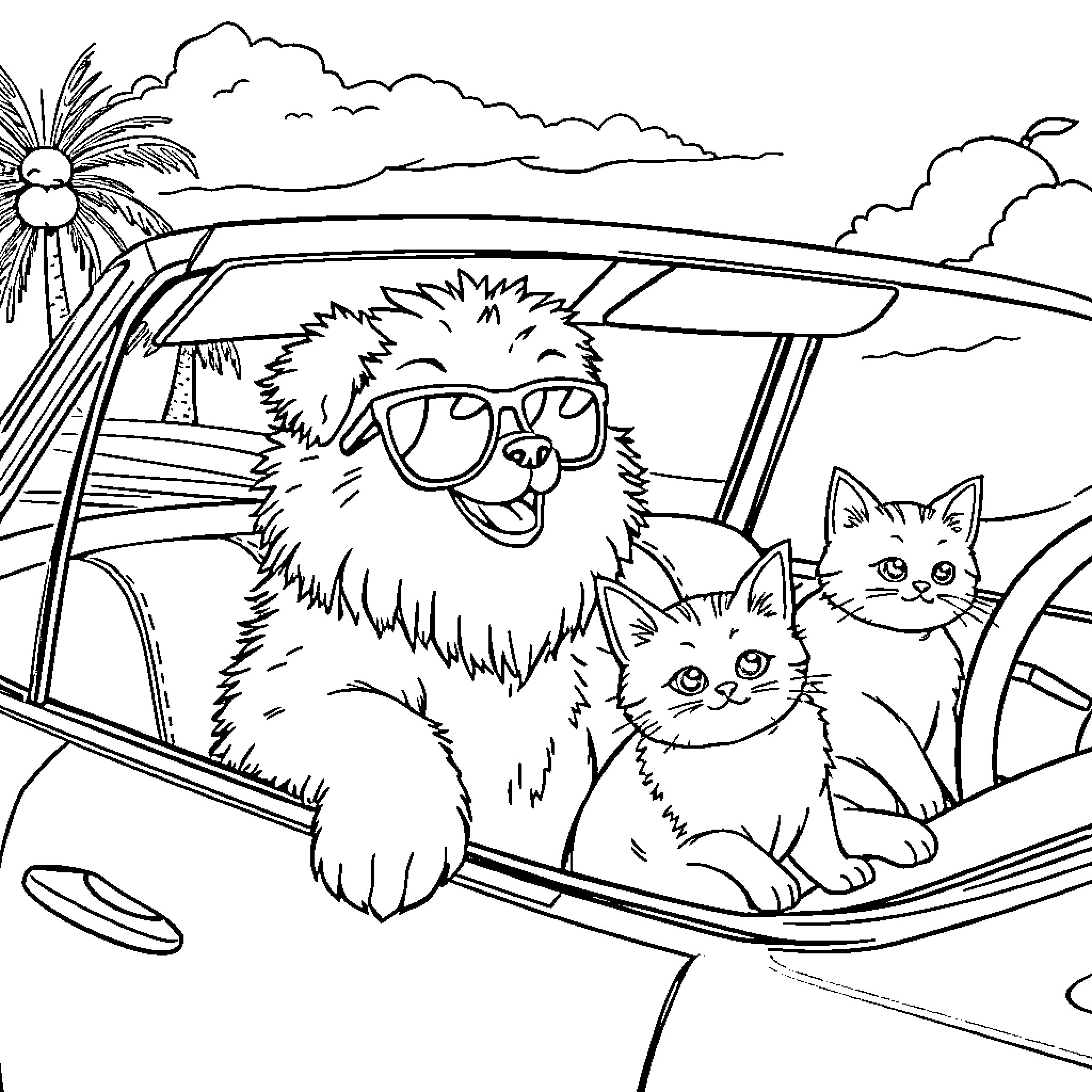 Dog and Cats on a Fun Road Trip Coloring Page (free black-and-white line drawing printable PDF for all, from beginners to advanced learners, including children, teens, adults, and seniors)