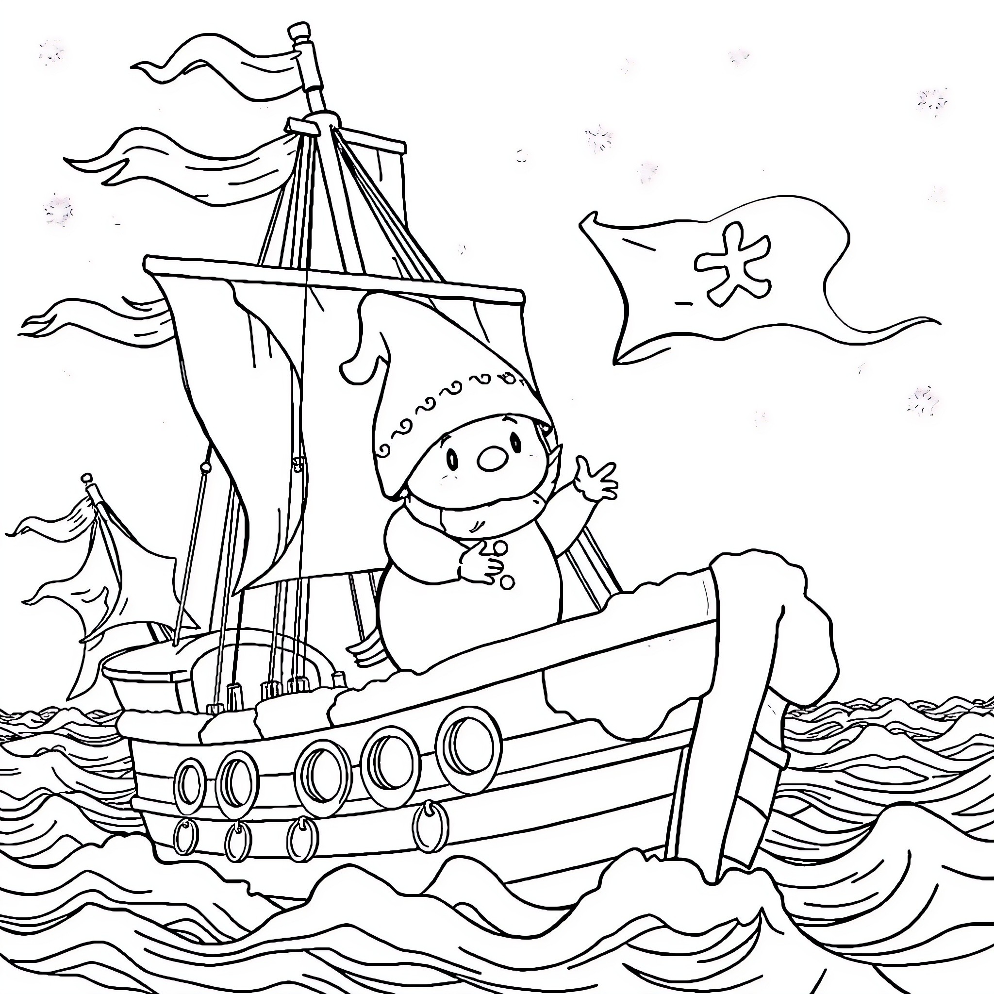 Snow White's Pirate Ship Adventure Coloring Page (free black-and-white line drawing printable PDF for all, from beginners to advanced learners, including children, teens, adults, and seniors)