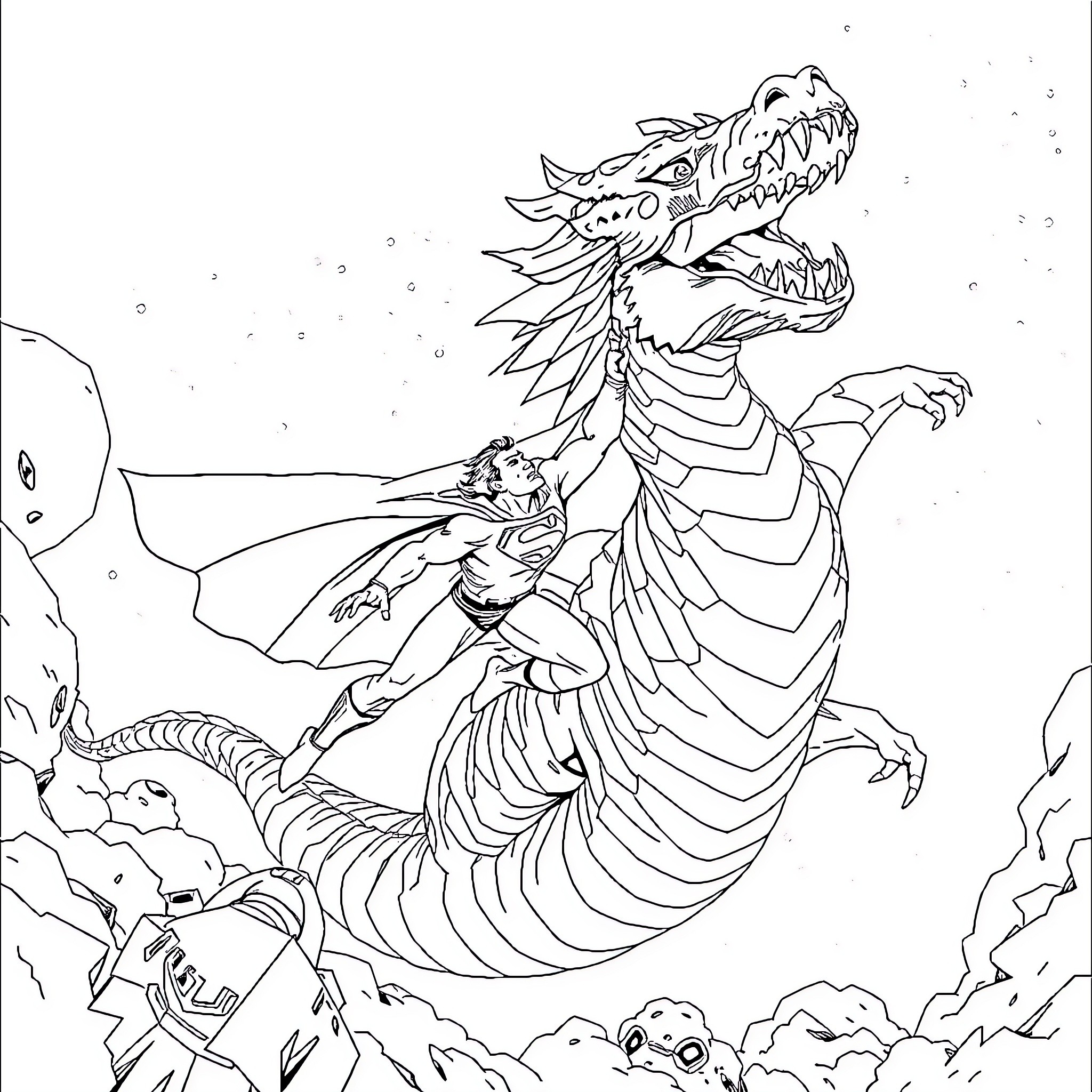 Superman battling a monstrous dragon in the sky Coloring Page (free black-and-white line drawing printable PDF for all, from beginners to advanced learners, including children, teens, adults, and seniors)