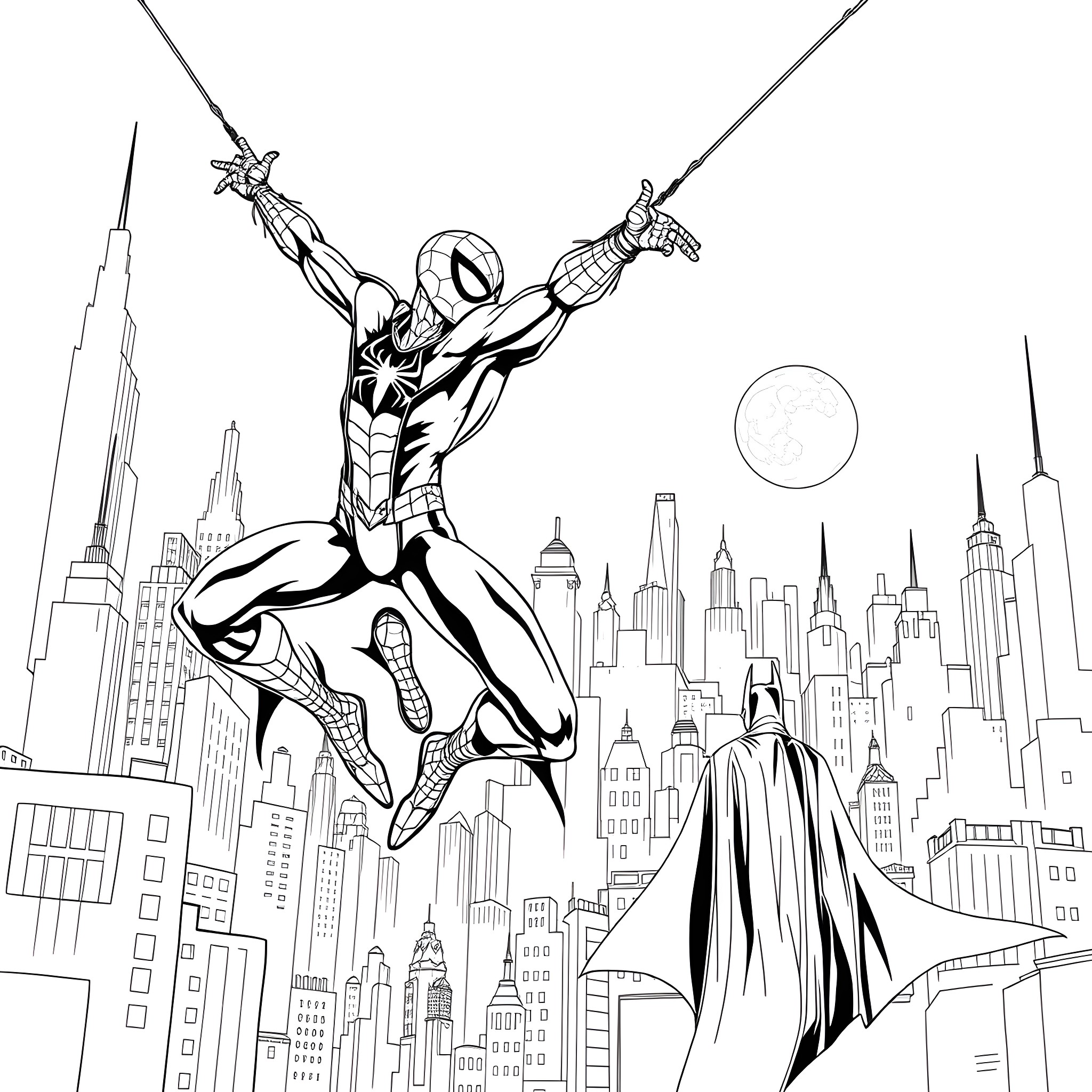 Spiderman swinging through the city skyline Coloring Page (free black-and-white line drawing printable PDF for all, from beginners to advanced learners, including children, teens, adults, and seniors)