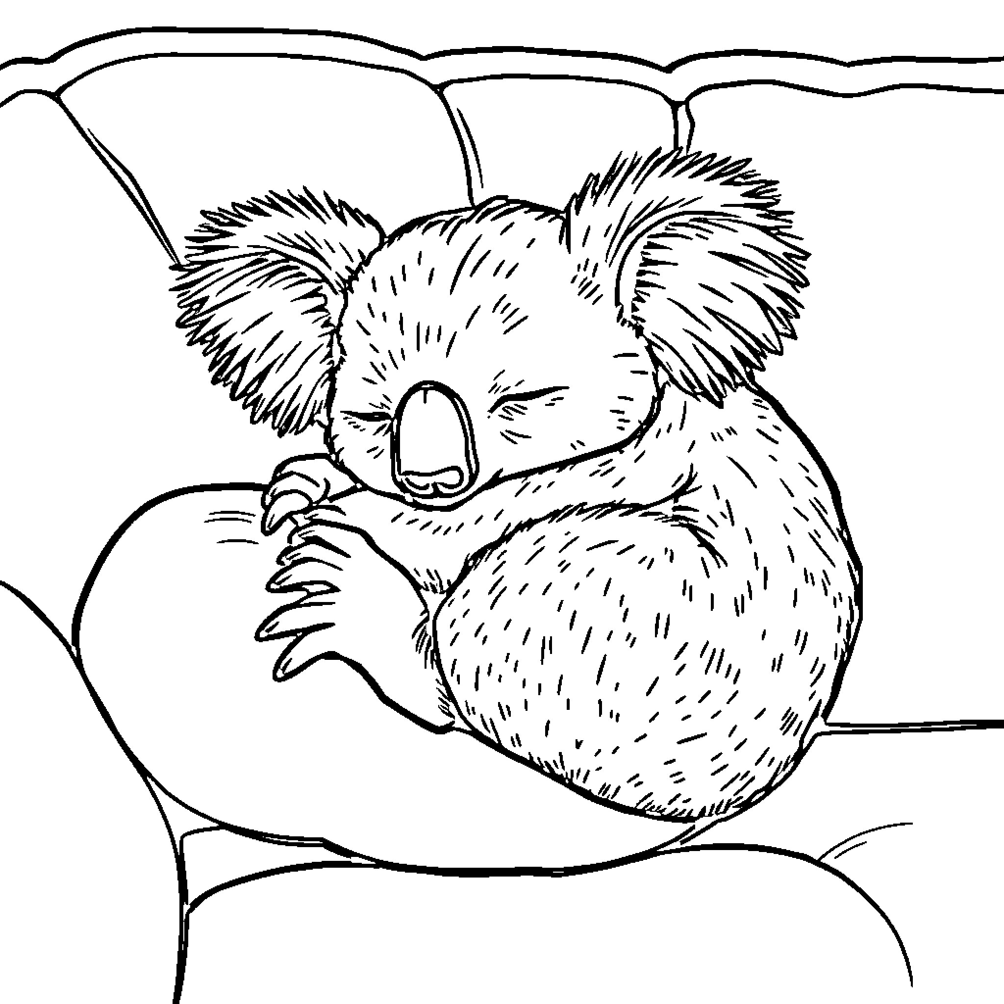 Koala sleeping peacefully in tree Coloring Page (free black-and-white line drawing printable PDF for all, from beginners to advanced learners, including children, teens, adults, and seniors)