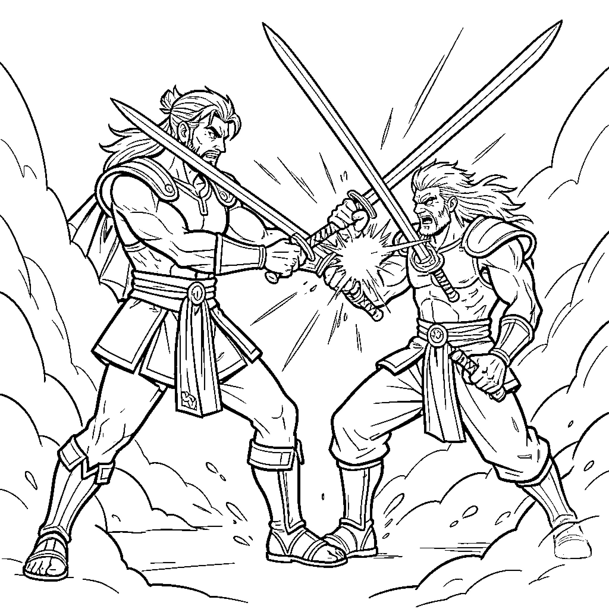 Zoro engaging in a fierce sword duel Coloring Page (free black-and-white line drawing printable PDF for all, from beginners to advanced learners, including children, teens, adults, and seniors)