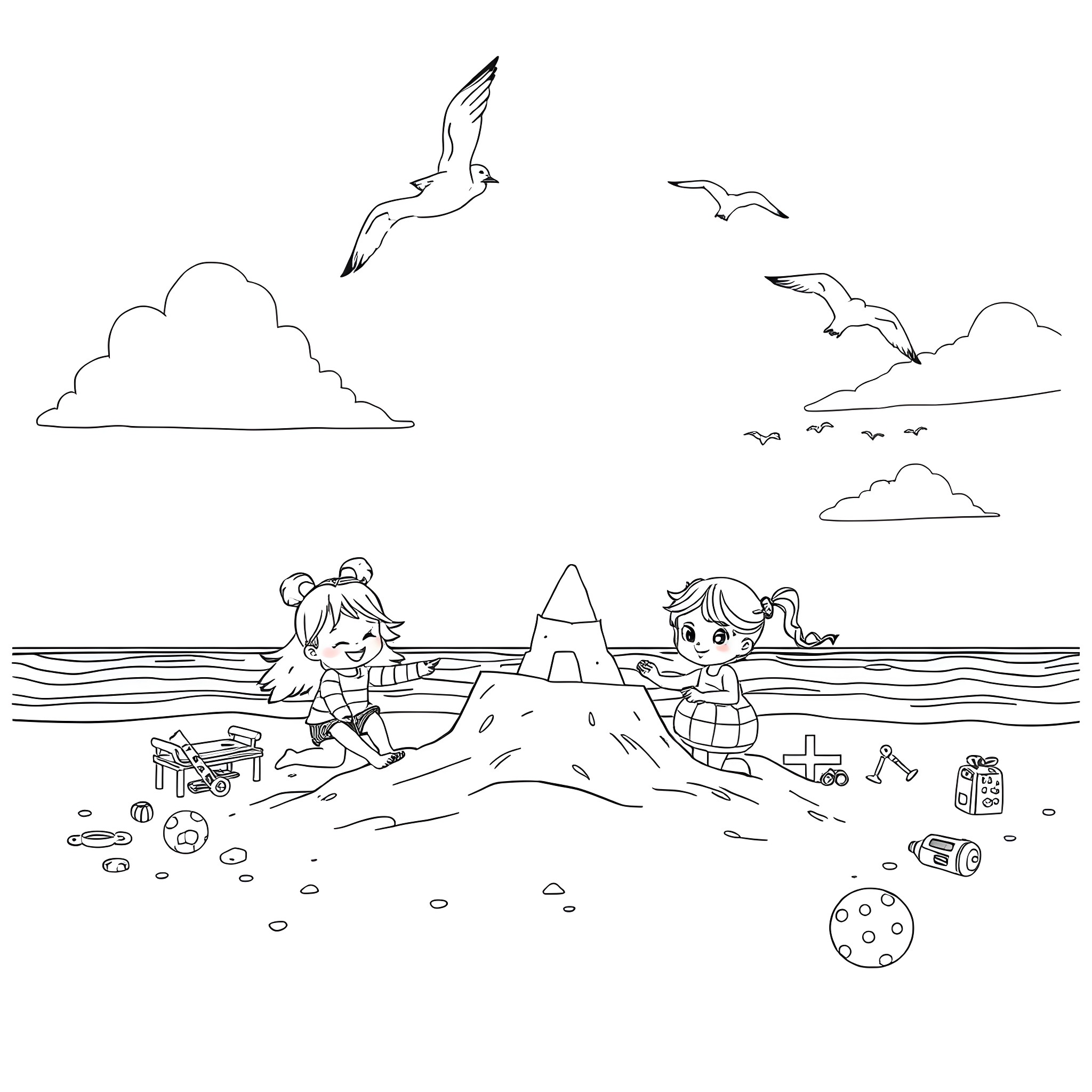 Gabby's Dollhouse: Kids playing on the beach Coloring Page (free black-and-white line drawing printable PDF for all, from beginners to advanced learners, including children, teens, adults, and seniors)