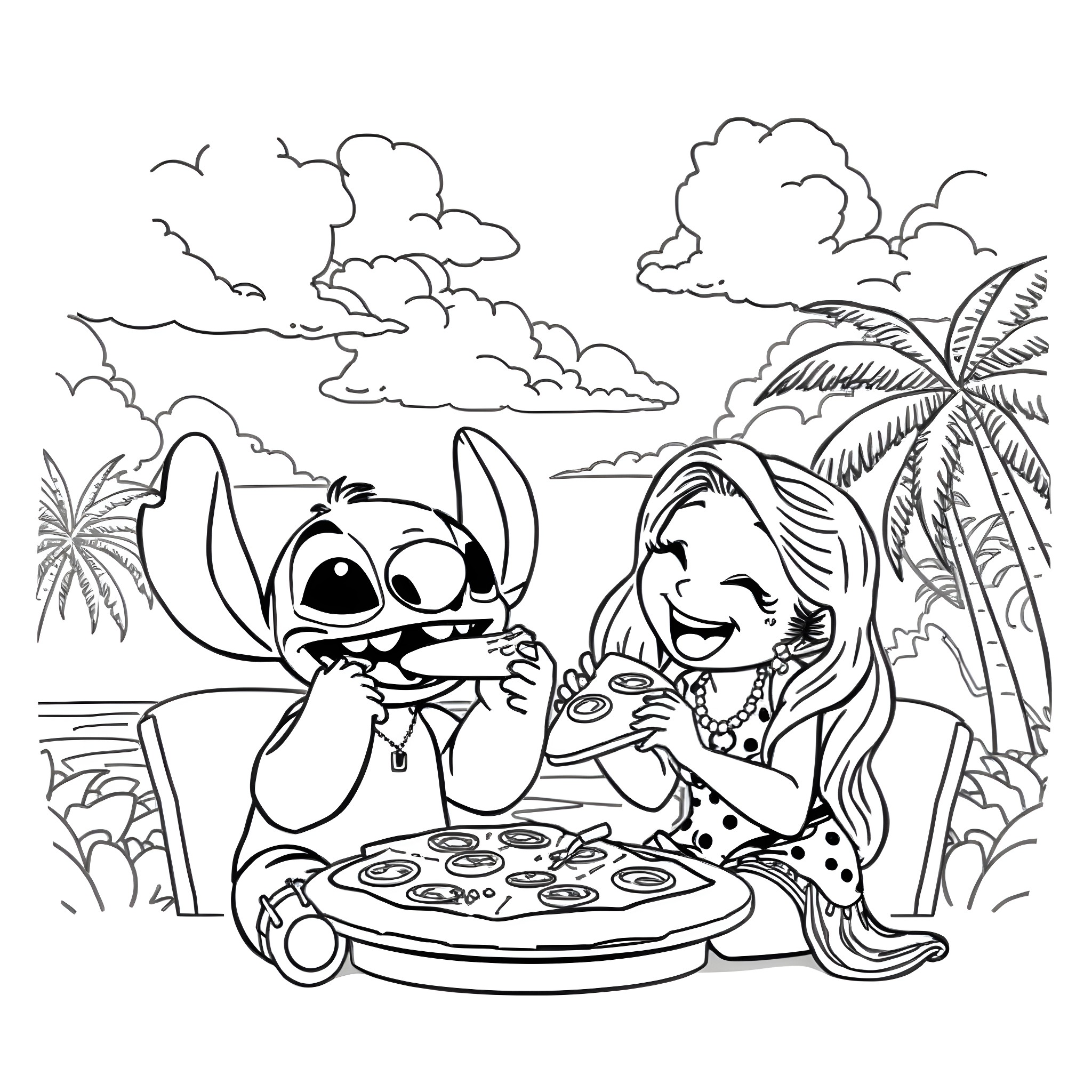 Stitch sharing pizza with a cheerful girl on the beach Coloring Page (free black-and-white line drawing printable PDF for all, from beginners to advanced learners, including children, teens, adults, and seniors)