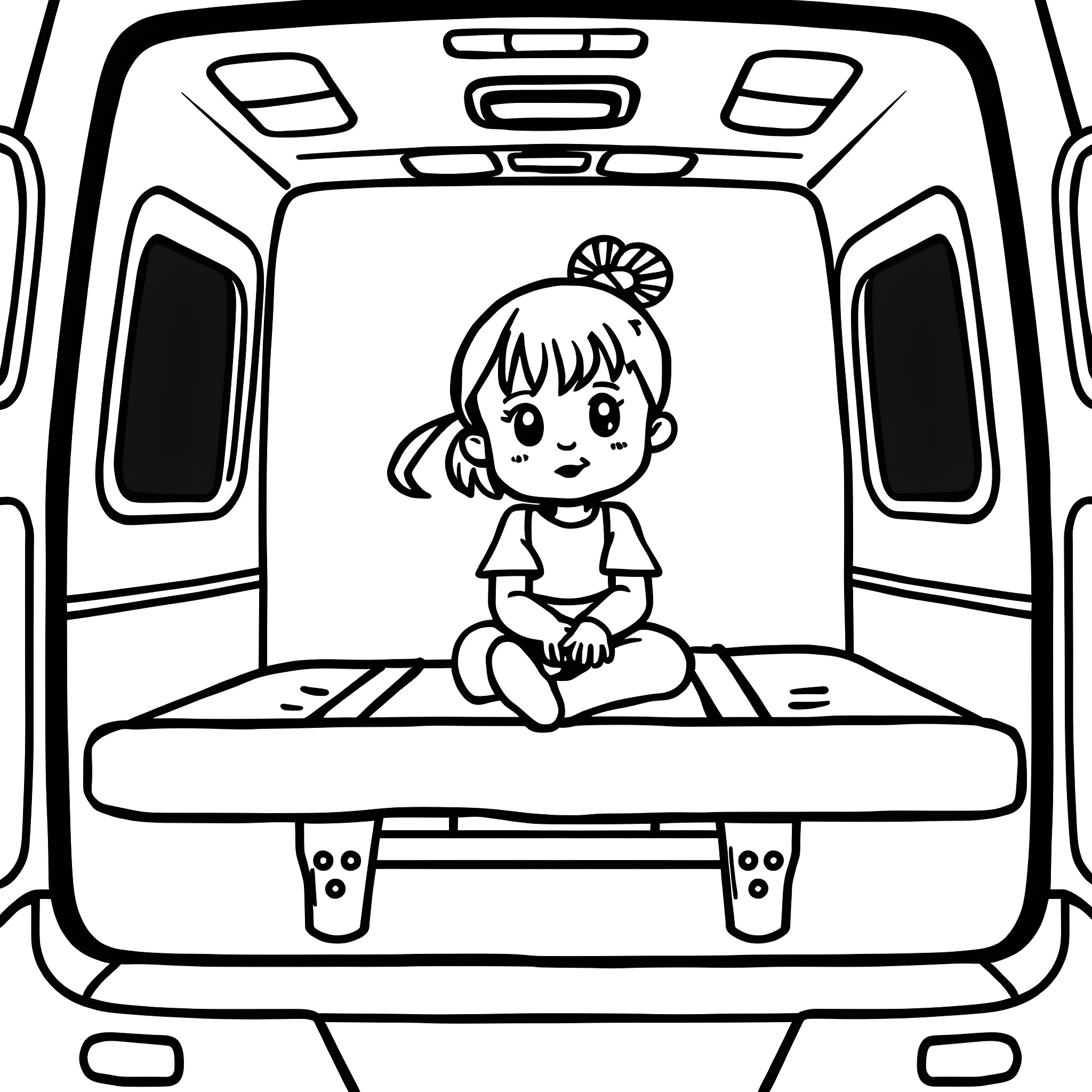 Girl sitting in the back of a car Coloring Page (free black-and-white line drawing printable PDF for all, from beginners to advanced learners, including children, teens, adults, and seniors)