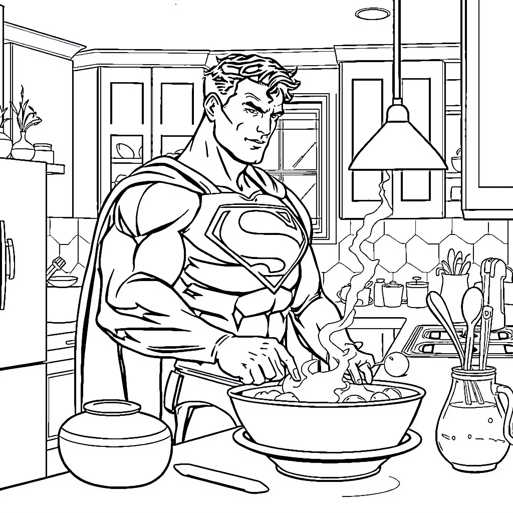 Superman cooking a meal in his kitchen Coloring Page (free black-and-white line drawing printable PDF for all, from beginners to advanced learners, including children, teens, adults, and seniors)