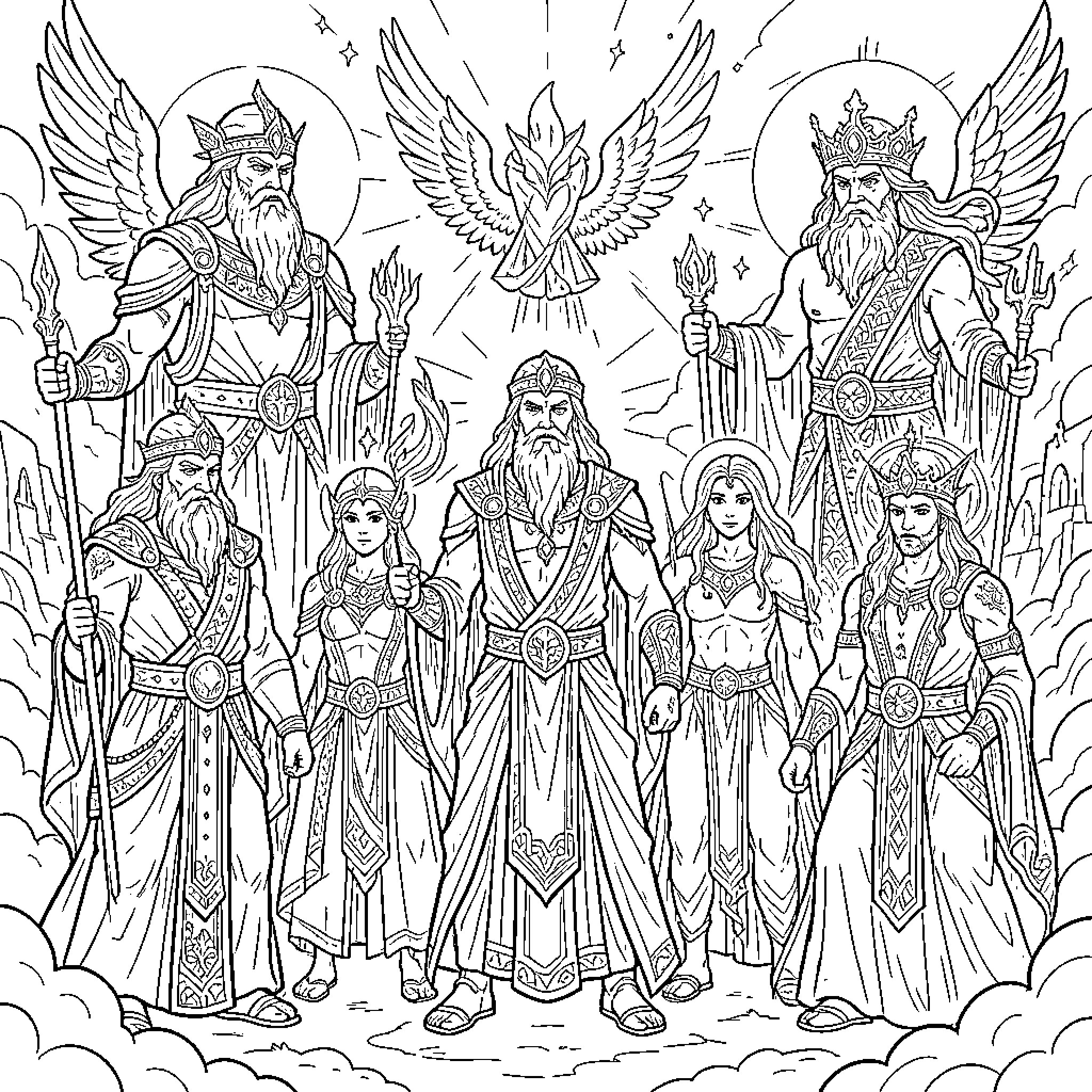 Gods and divine beings standing in a celestial realm Coloring Page (free black-and-white line drawing printable PDF for all, from beginners to advanced learners, including children, teens, adults, and seniors)