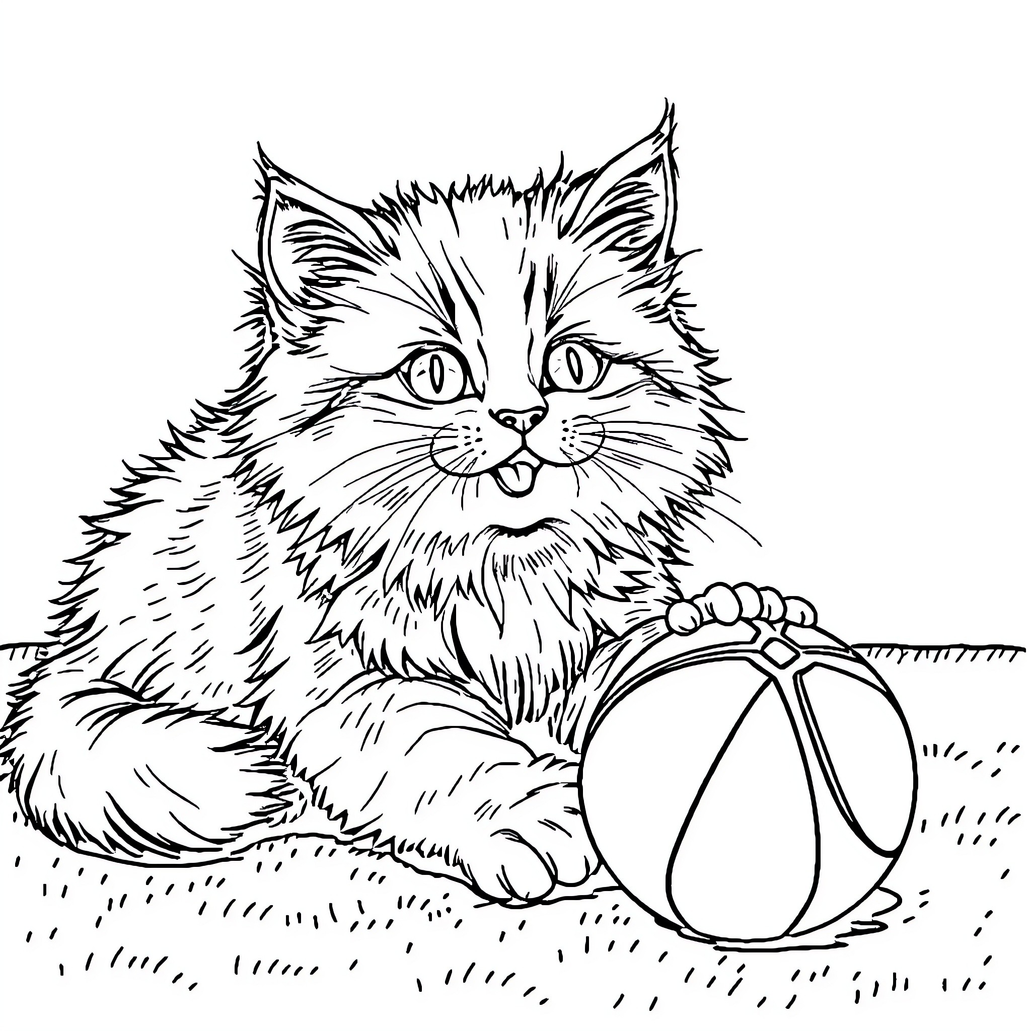 Cat Playing with Ball on Grass Coloring Page (free black-and-white line drawing printable PDF for all, from beginners to advanced learners, including children, teens, adults, and seniors)