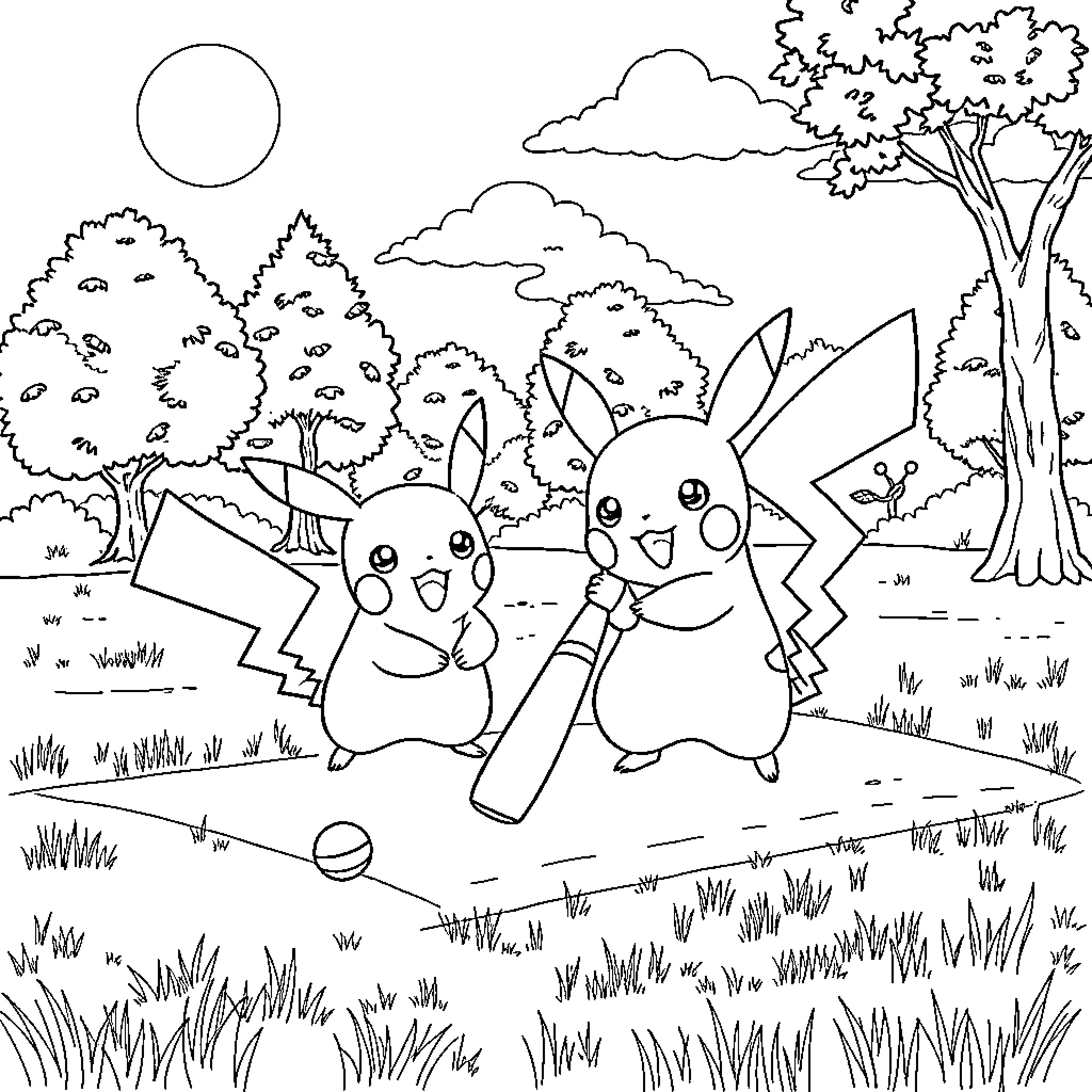 Bluey Pikachu and Friends in Outdoor Adventure Coloring Page (free black-and-white line drawing printable PDF for all, from beginners to advanced learners, including children, teens, adults, and seniors)