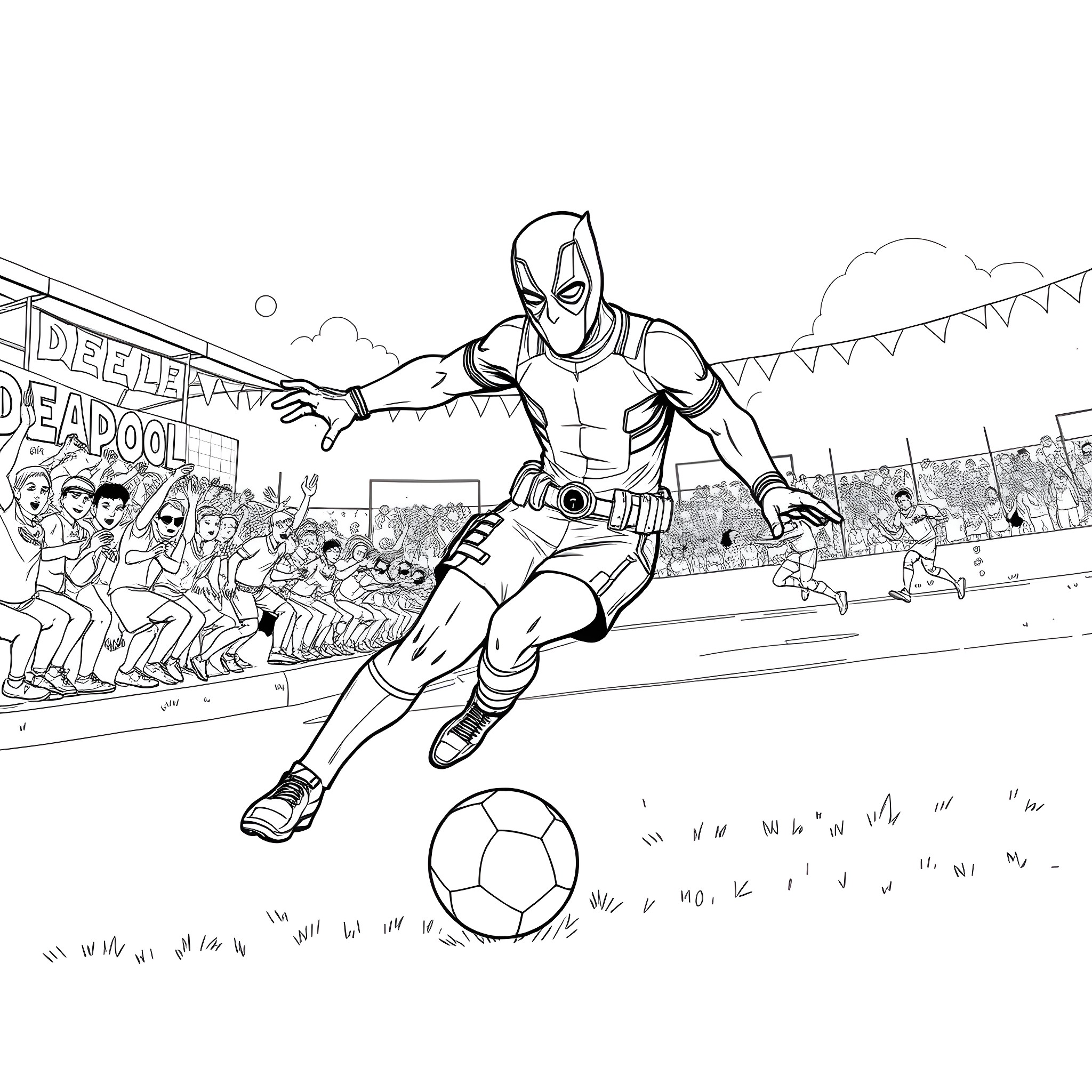 Deadpool's Playful Soccer Showdown Coloring Page (free black-and-white line drawing printable PDF for all, from beginners to advanced learners, including children, teens, adults, and seniors)