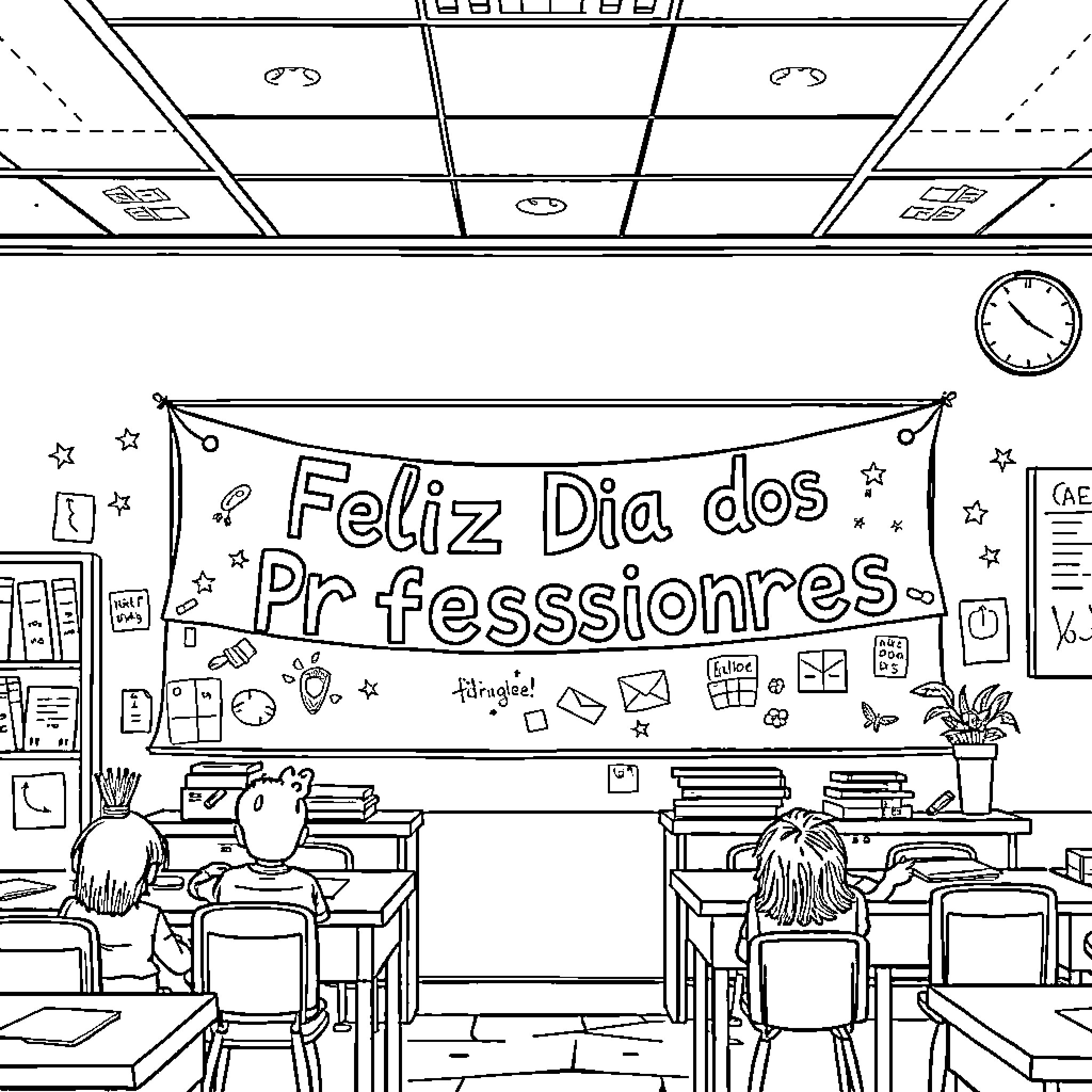 Teacher celebrates Dia dos Professores in classroom Coloring Page (free black-and-white line drawing printable PDF for all, from beginners to advanced learners, including children, teens, adults, and seniors)