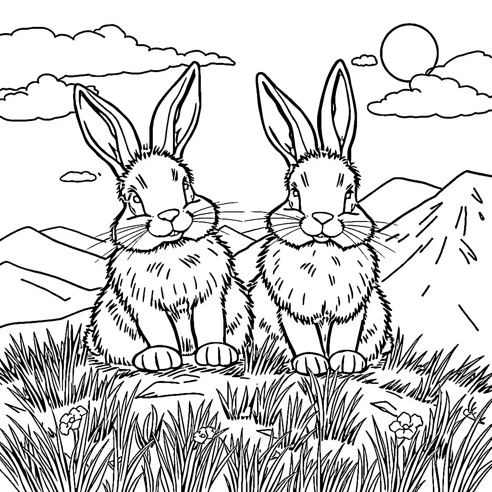 Rabbit companions admiring mountain landscape Coloring Page (free black-and-white line drawing printable PDF for all, from beginners to advanced learners, including children, teens, adults, and seniors)